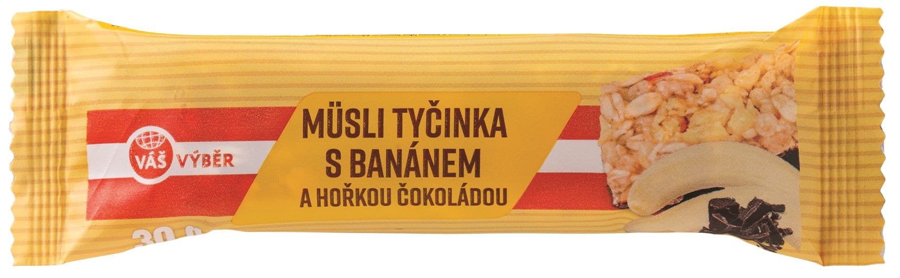 Váš Výběr Müsli tyčinka s banánem v polevě z hořké čokolády 30g