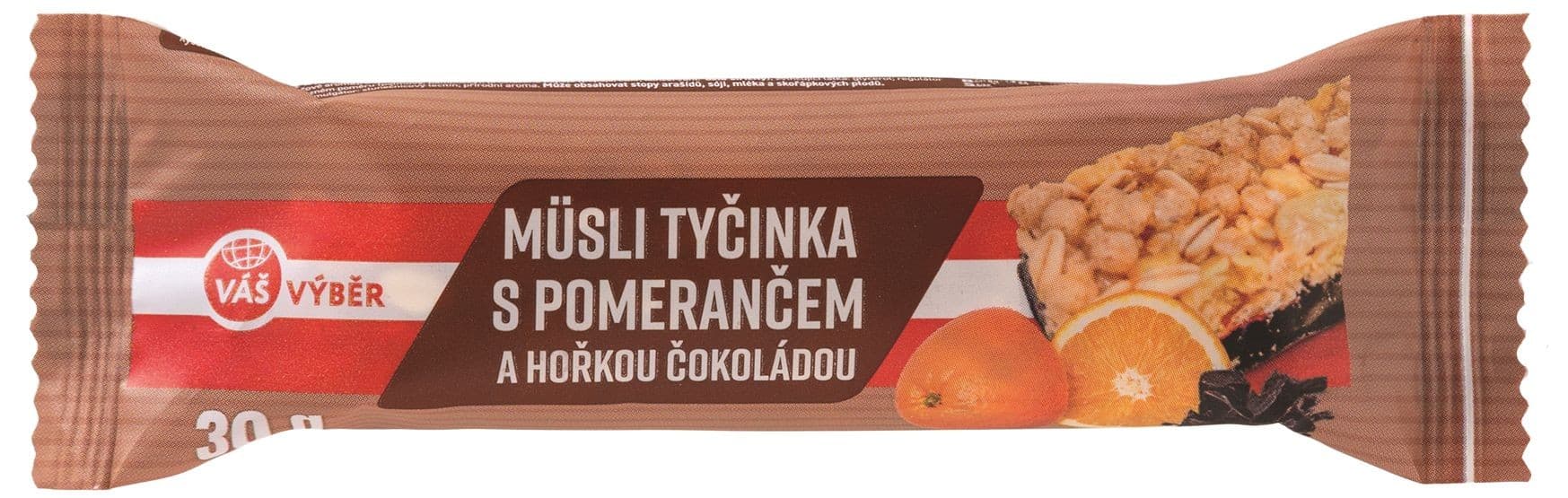 Váš Výběr Müsli tyčinka s pomerančem polomáčená v hořké čokoládě 30g