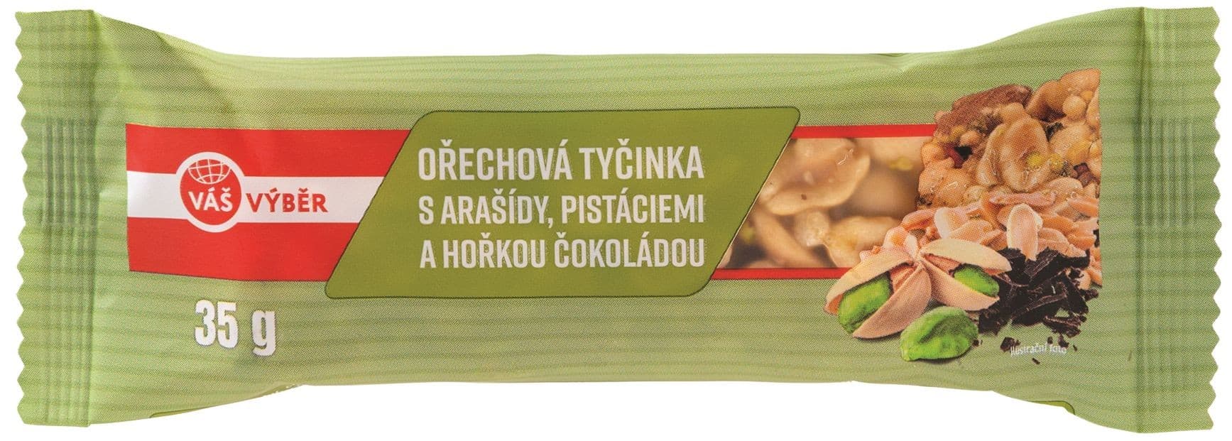 Váš Výběr Ořechová tyčinka s arašídy a pistáciemi polomáčená v hořké čokoládě 35g