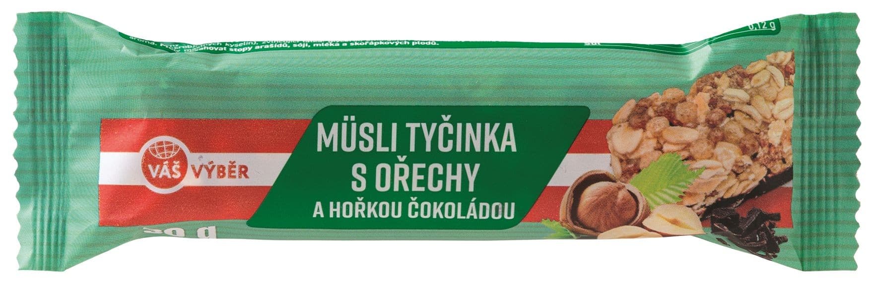 Váš Výběr Müsli tyčinka s ořechy polomáčená v hořké čokoládě 30g