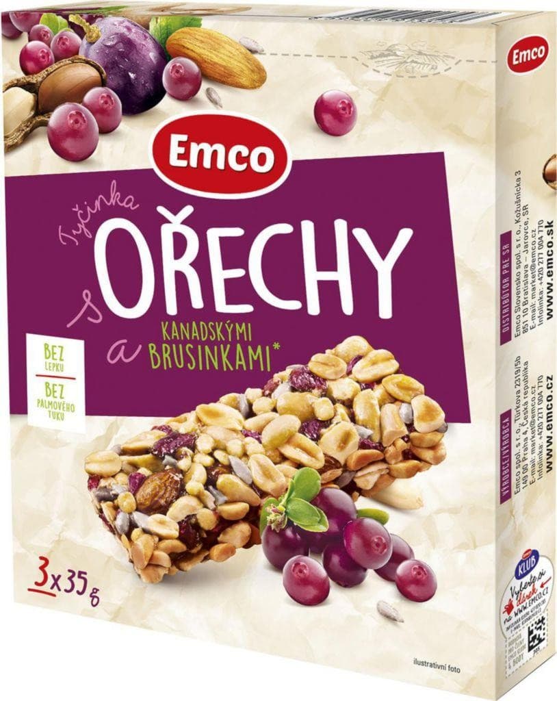 Emco Oříškové tyčinky ořechy a kanadské brusinky 3x35 g
