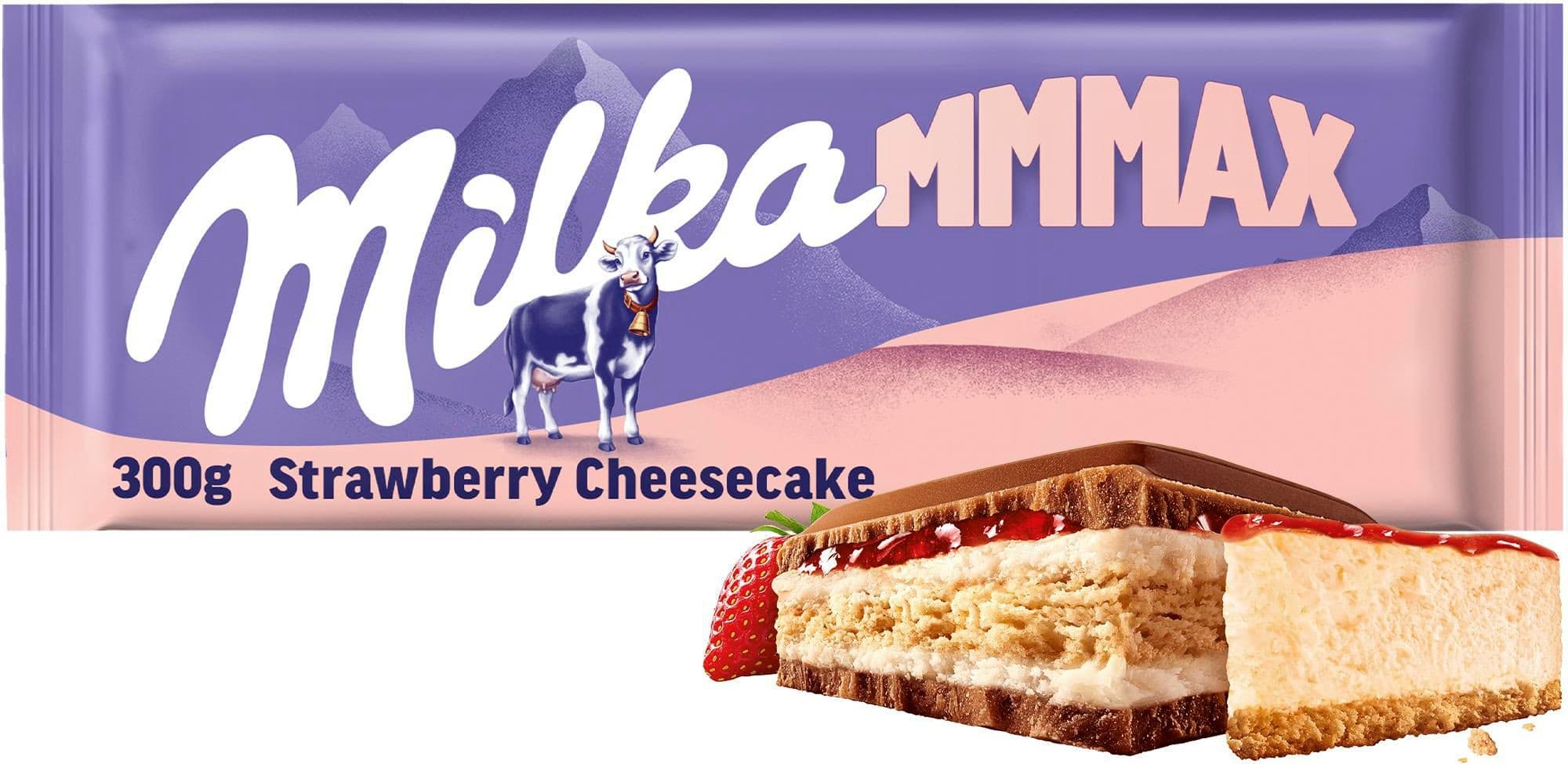 Milka čokoláda Mmmax Strawberry Cheesecake mléčná, příchuť jahodový cheesecake 300 g