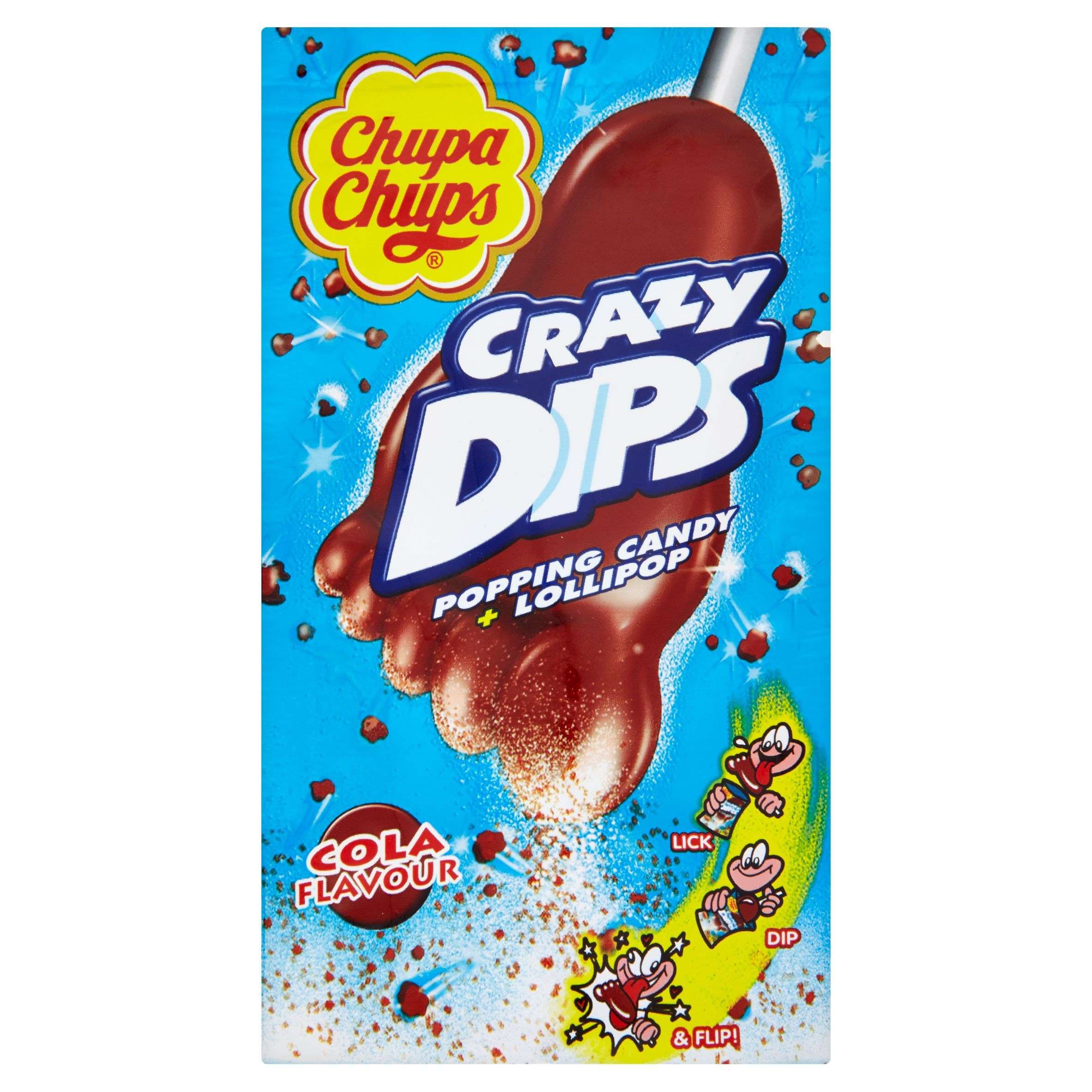 Chupa Chups Crazy Dips Drops s kolovou příchutí s praskajicím práškem 14 g