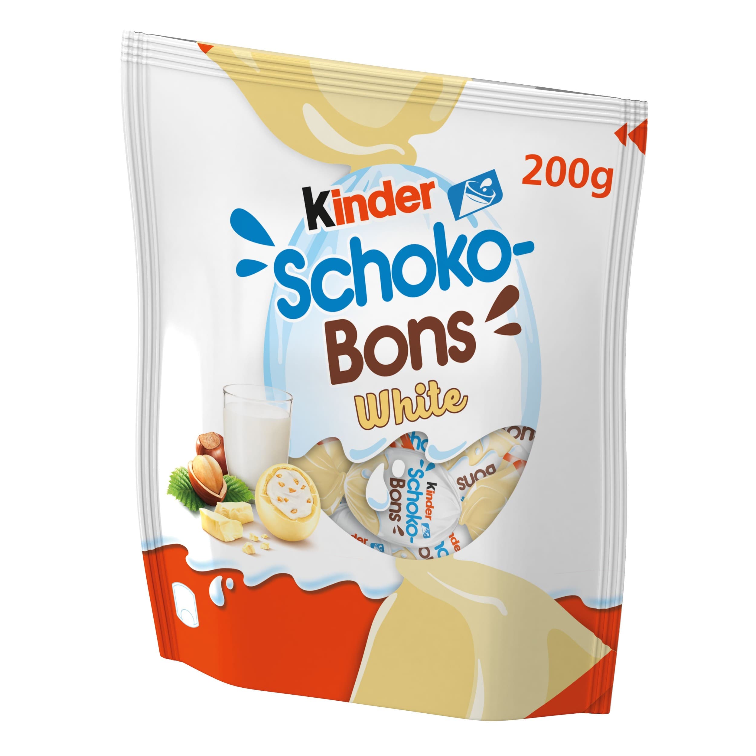 Kinder Schoko-Bons White bonbony formované z bílé čokolády s mléčnou náplní a lískovými oříšky 200g