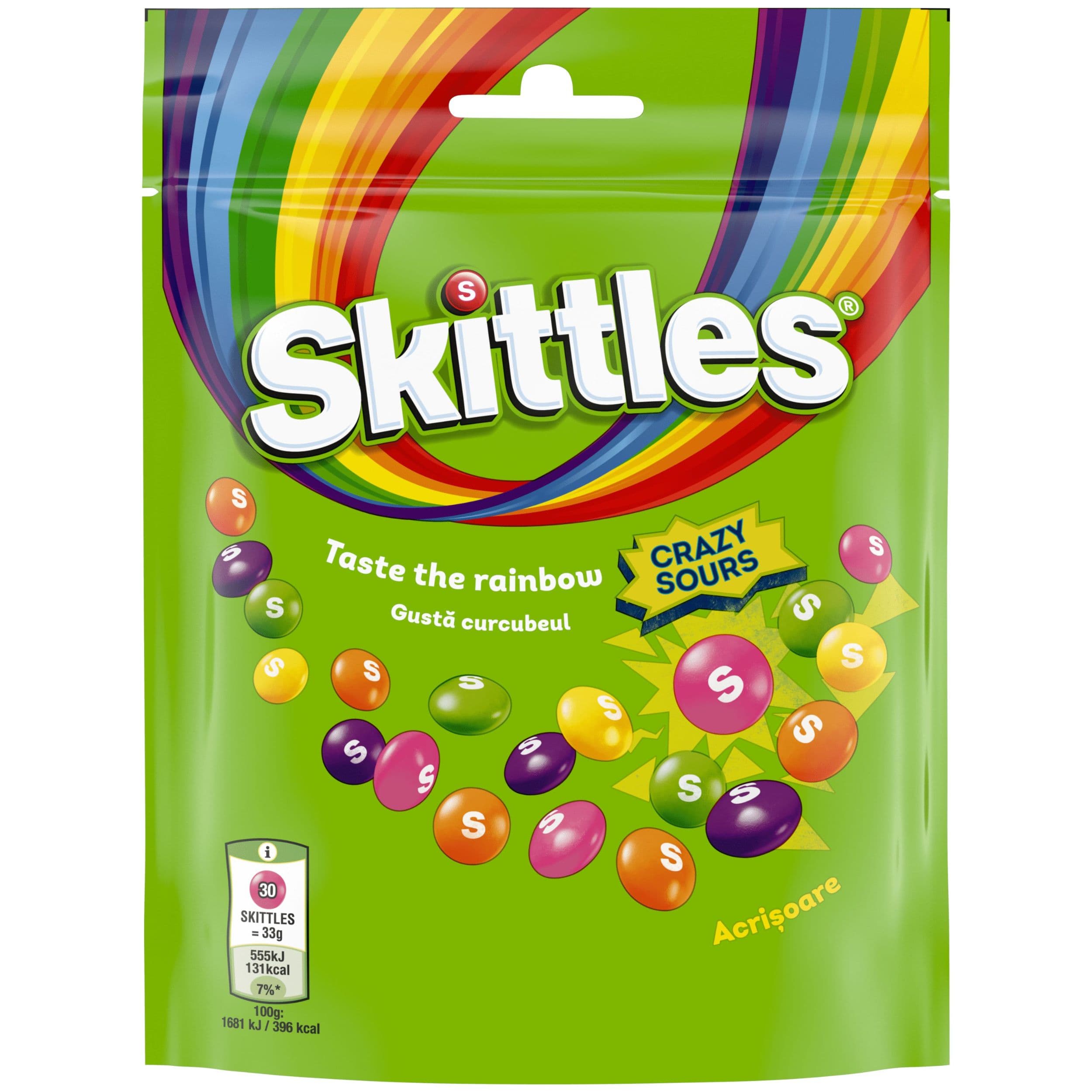 Skittles Crazy sours žvýkací bonbóny v křupavé krustě s kyselými ovocnými příchutěmi 174g