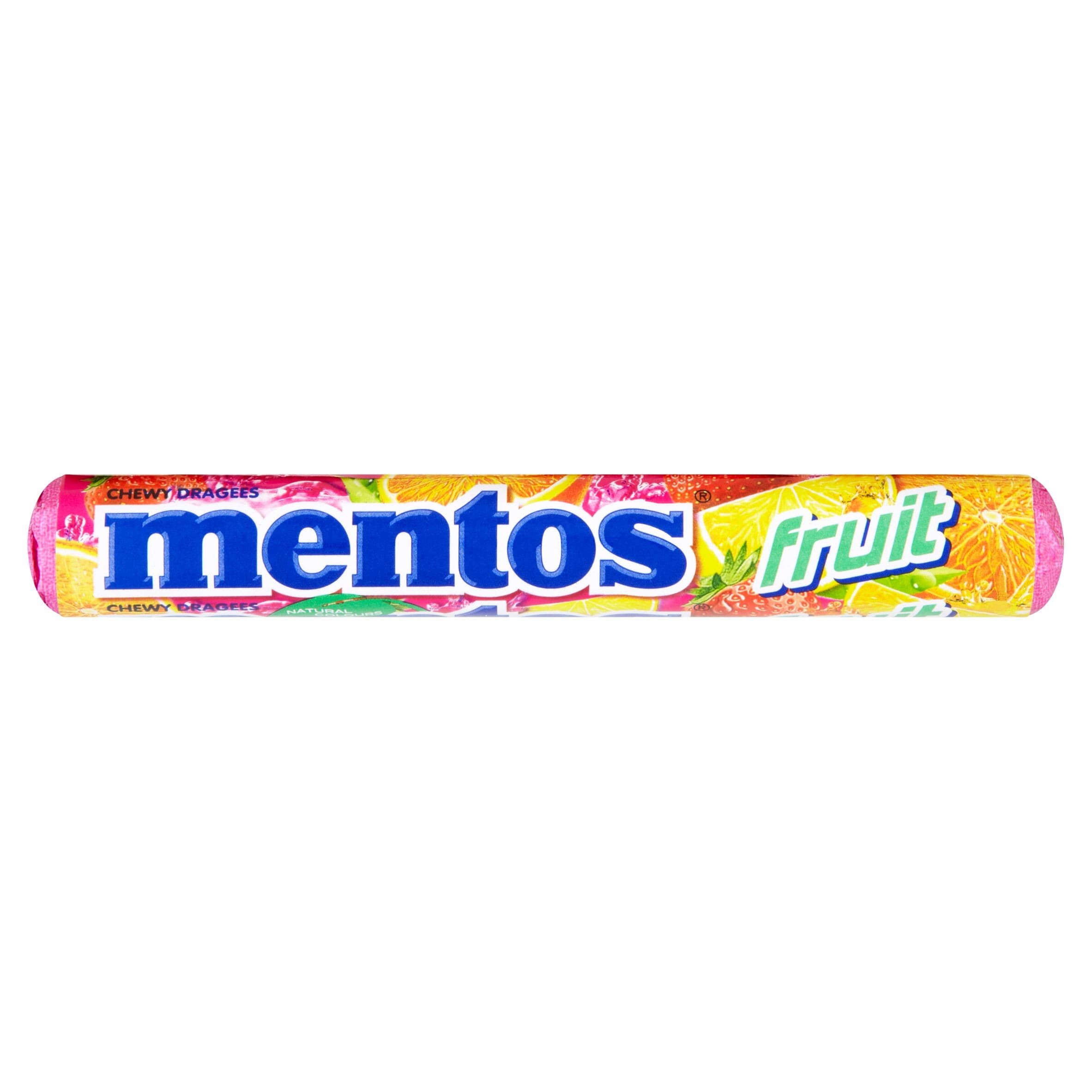 Mentos Fruit dražé s ovocnými příchutěmi (jahoda, pomeranč, citron) s 30% žvýkací náplní 38 g