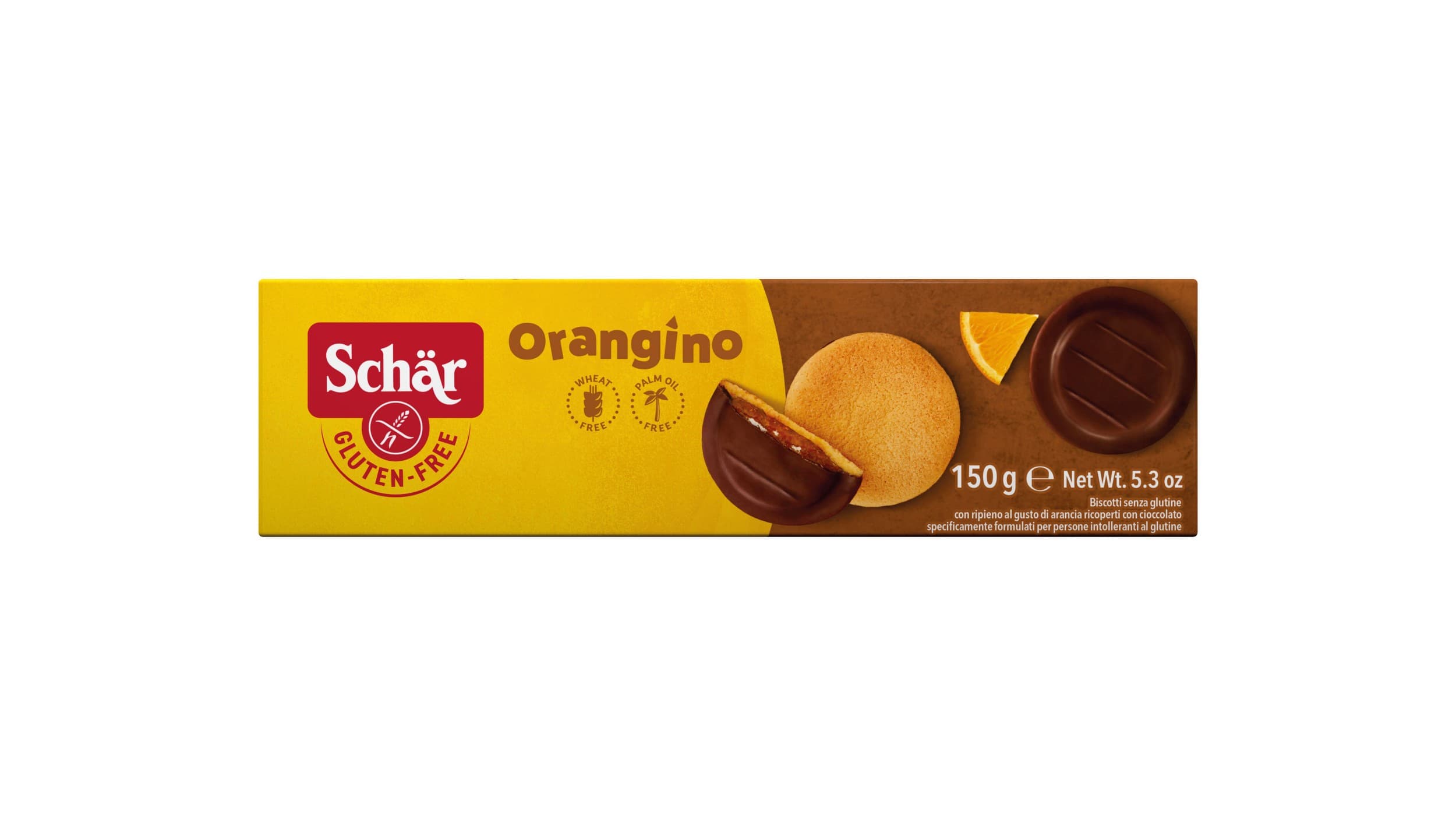 Schär Orangino jemné pečivo bez lepku polomáčené v čokoládě s pomerančovou náplní 150 g