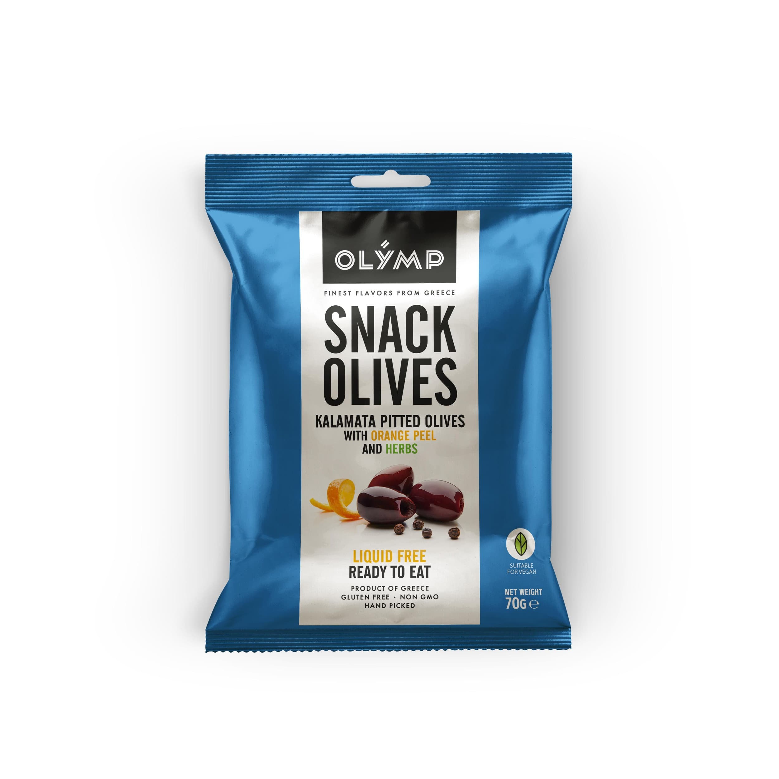 Olymp Kalamata tmavé olivy bez pecky s pomerančovou kůrou a bylinkami 70 g