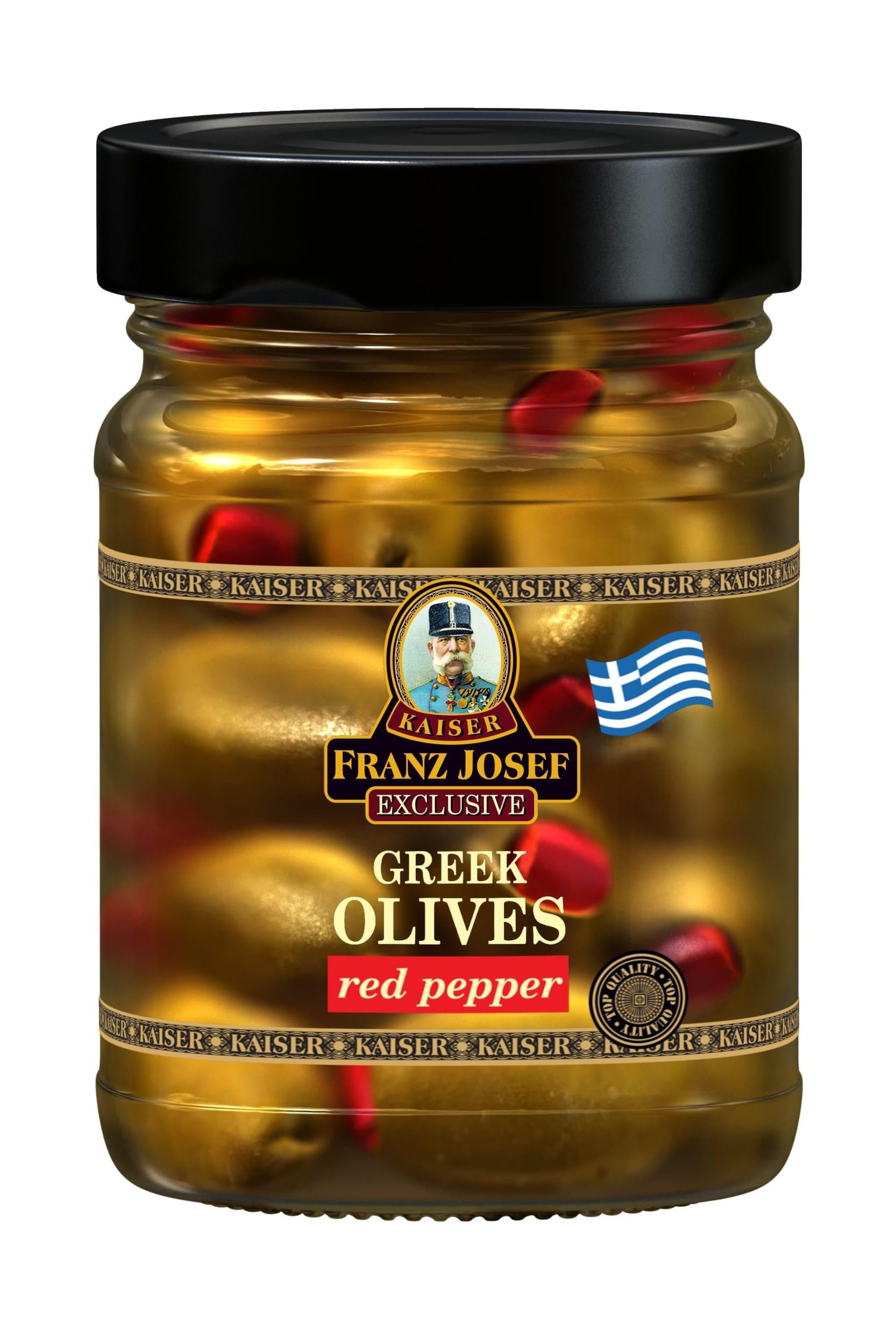 Franz Josef Kaiser Řecké zelené olivy plněné paprikou ve slaném nálevu 250 g