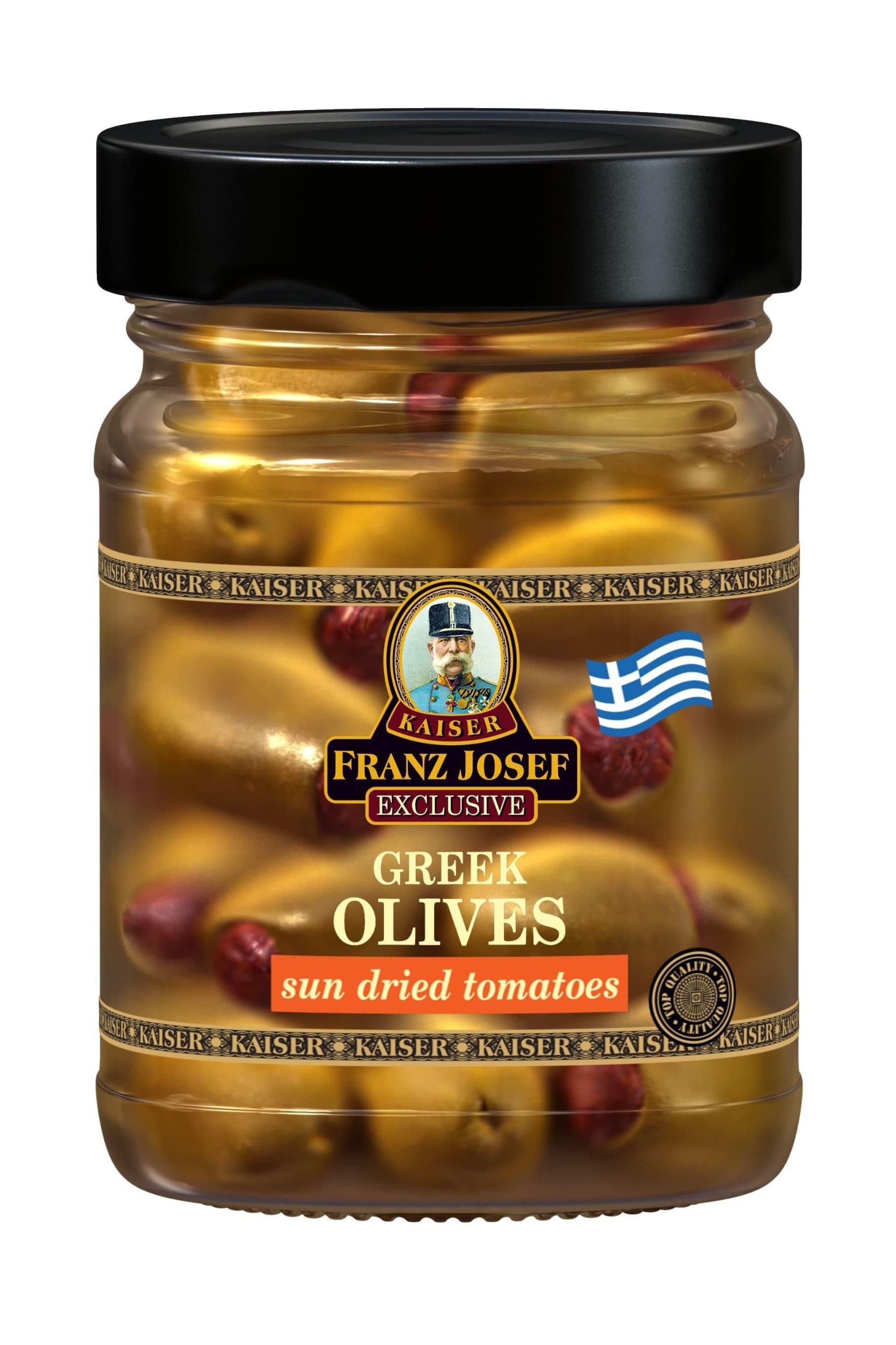 Franz Josef Kaiser Řecké zelené olivy plněné sušenými rajčaty ve slaném nálevu 250 g
