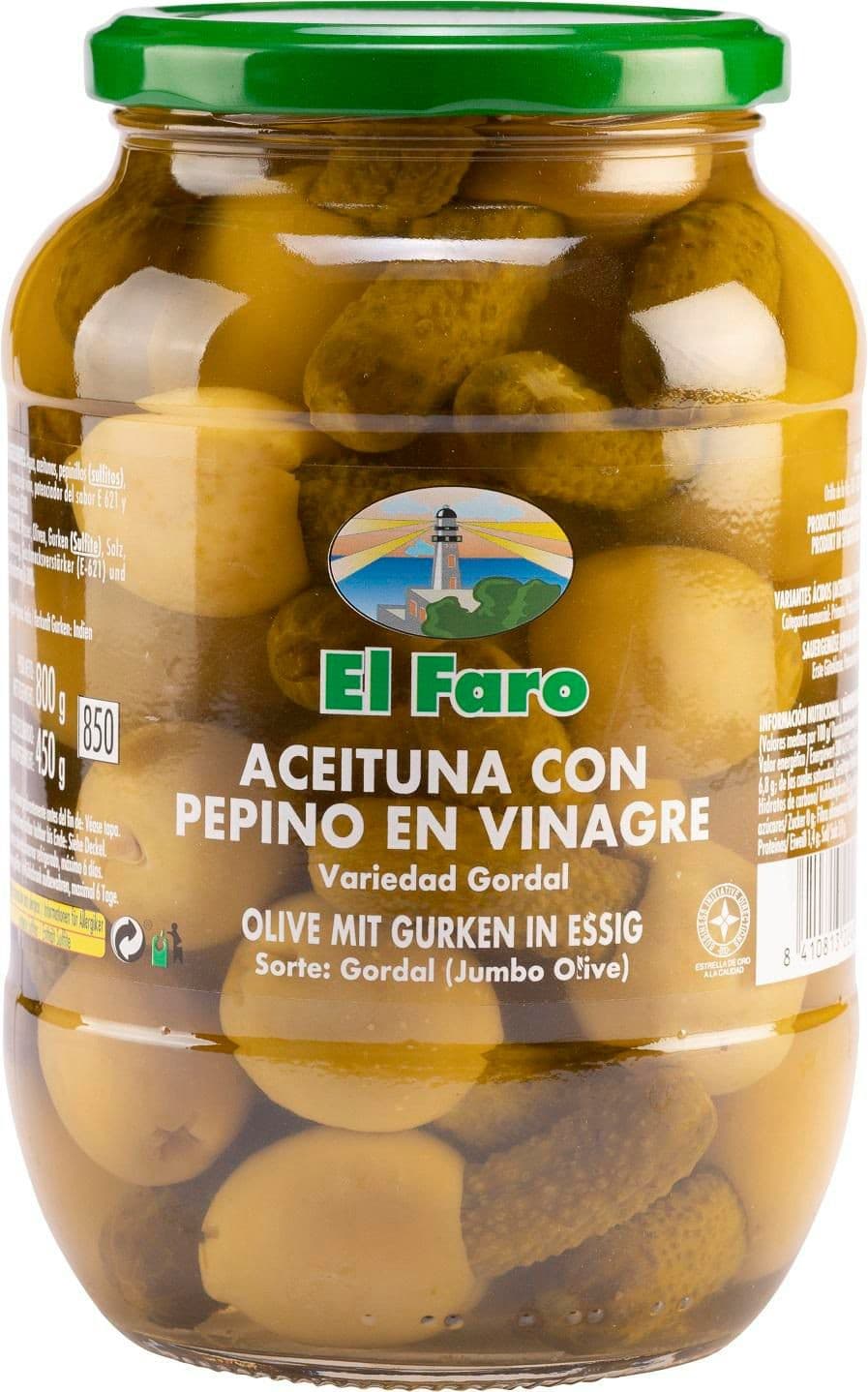 El Faro Královské zelené olivy plněné okurkou 850ml