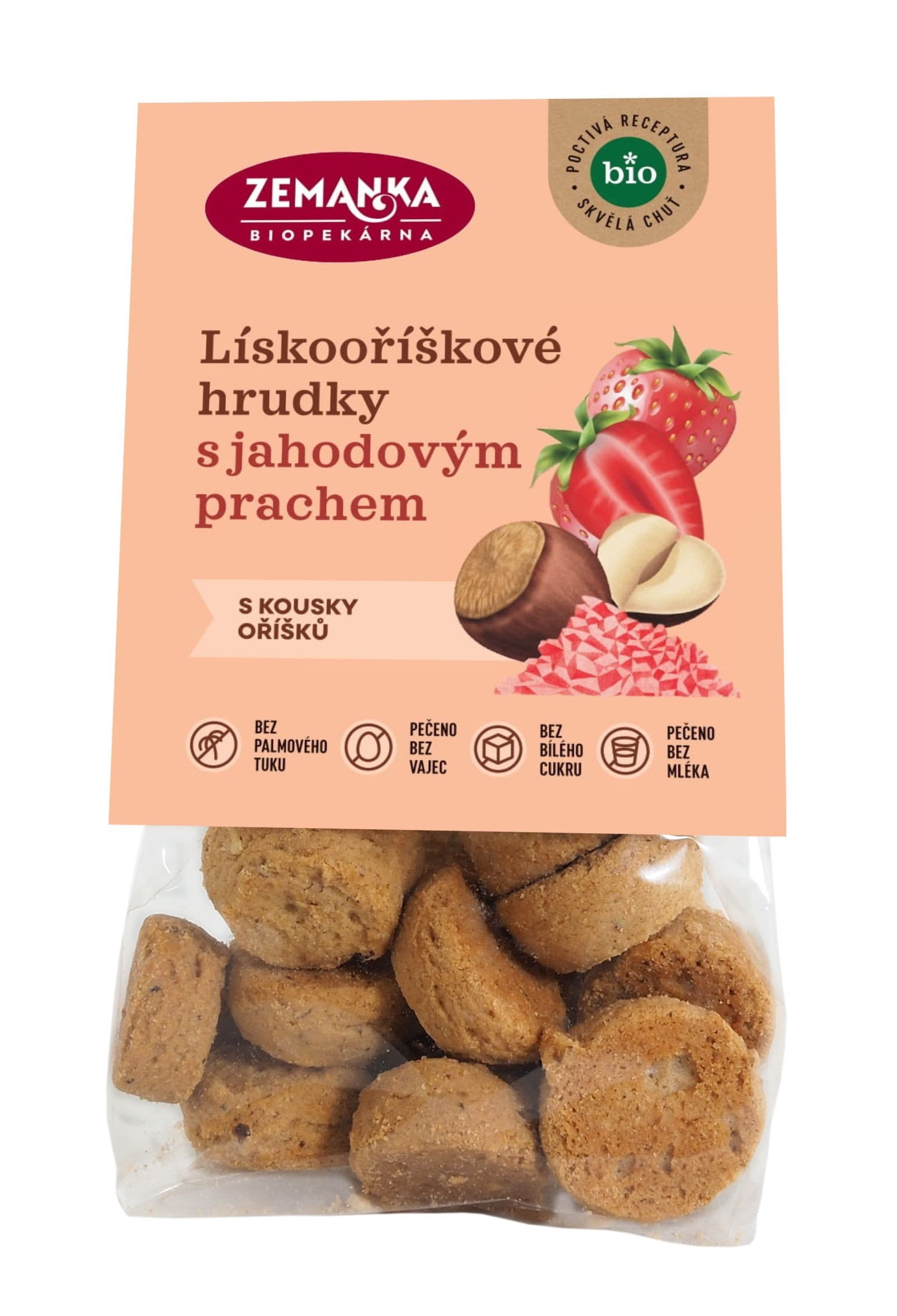 Biopekárna Zemanka Lískooříškové bio hrudky s jahodovým prachem 100g