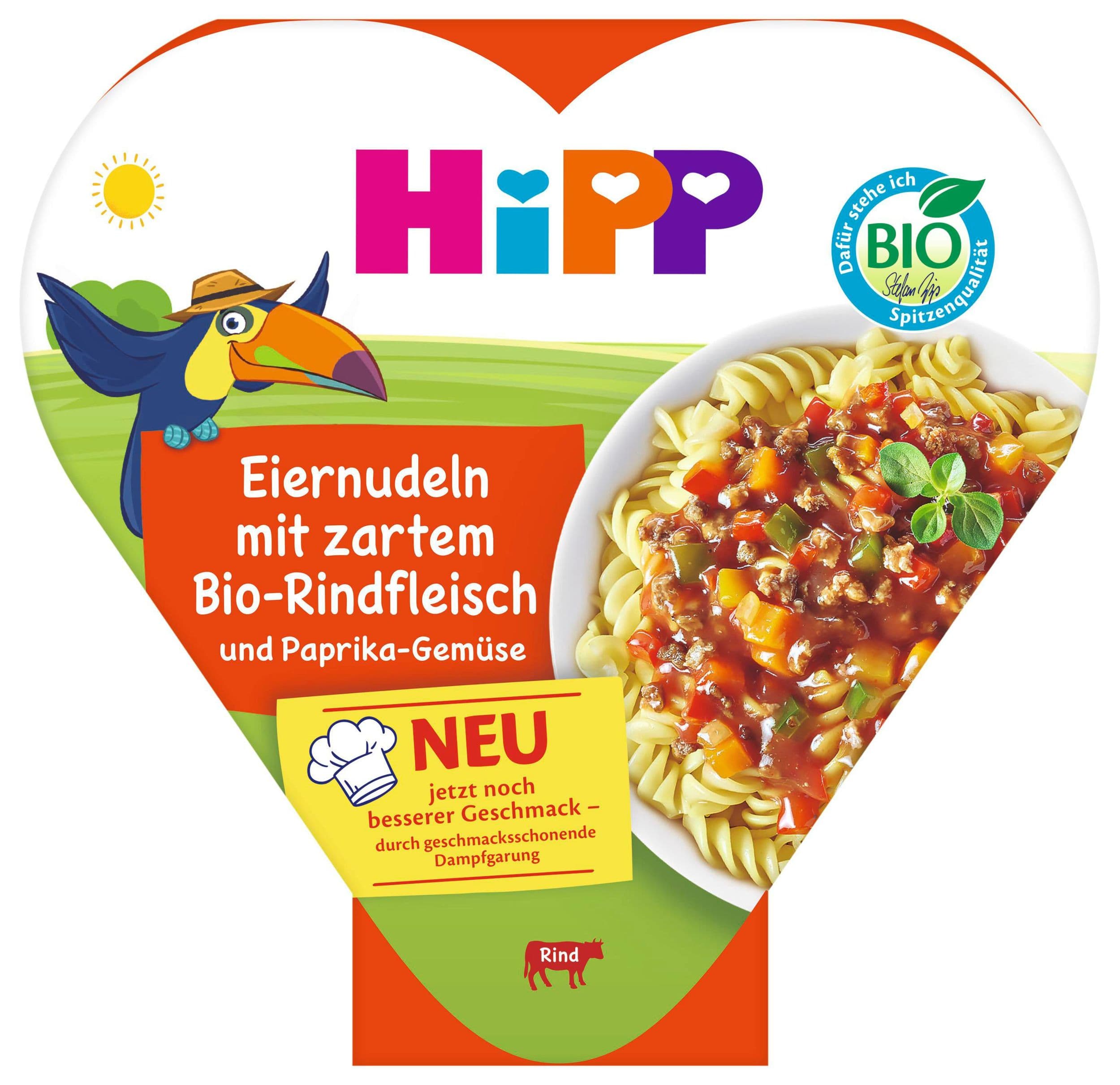 HiPP BIO Vaječné nudle se zeleninou a paprikou a jemným hovězím masem 250 g