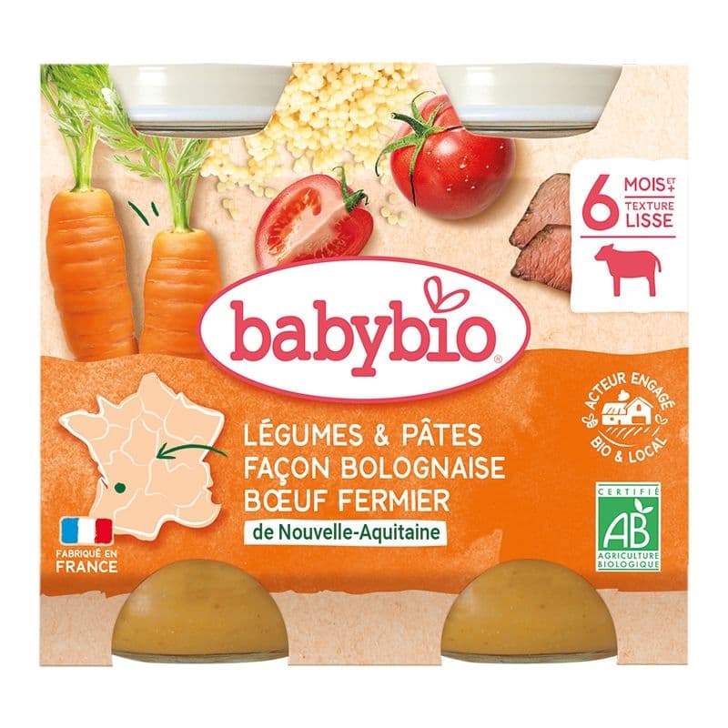 Babybio Zelenina s těstovinami na boloňský způsob s farmářským hovězím masem 2x200 g