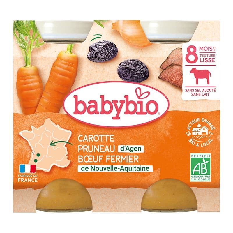 Babybio Mrkev a suš. švestky s hovězím masem 2x200 g