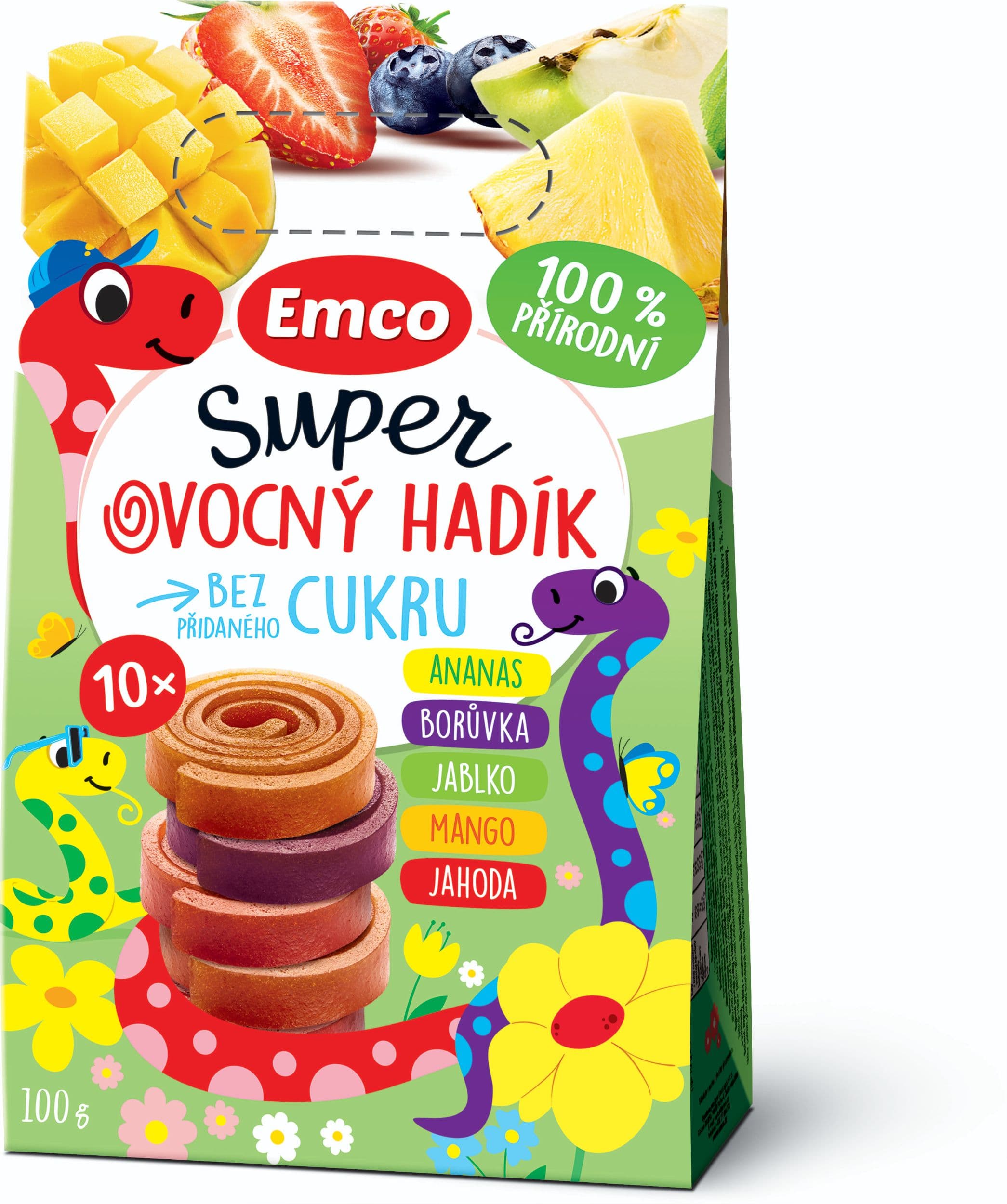 Emco Super ovocný hadík multipack jahoda-mango-jablko-ananas-borůvka10x10g