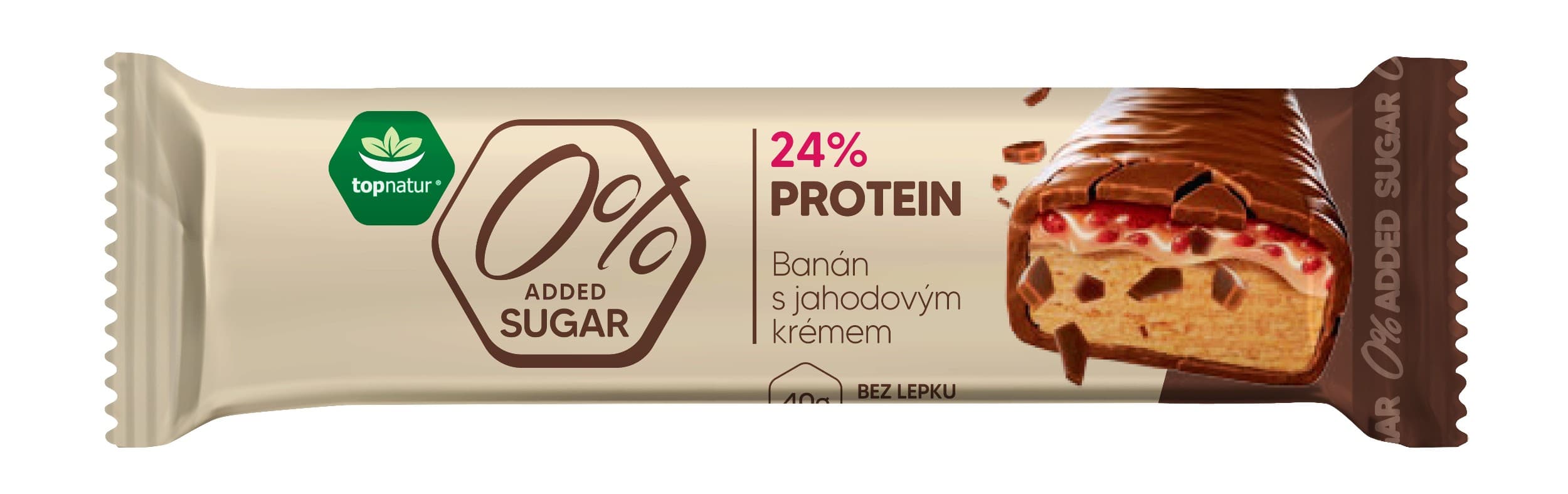 Topnatur 0% Sugar protein tyčinka - Banán s jahodovým krémem 40g.