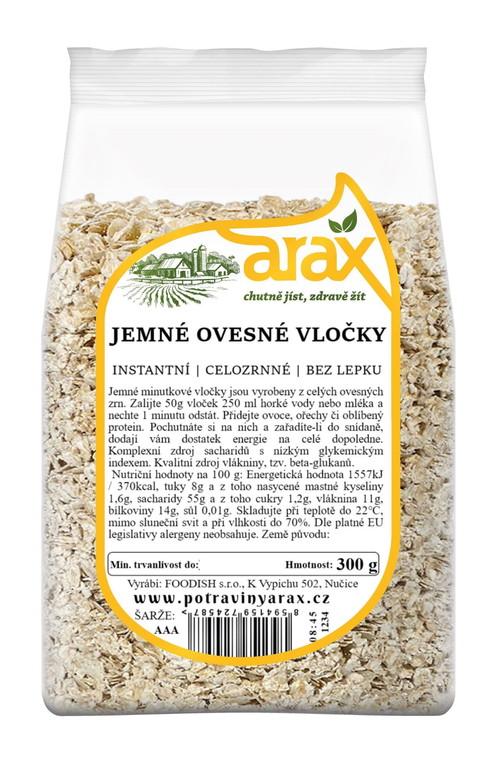 ARAX Ovesné vločky bezlepkové jemné, celozrnné instantní 300g
