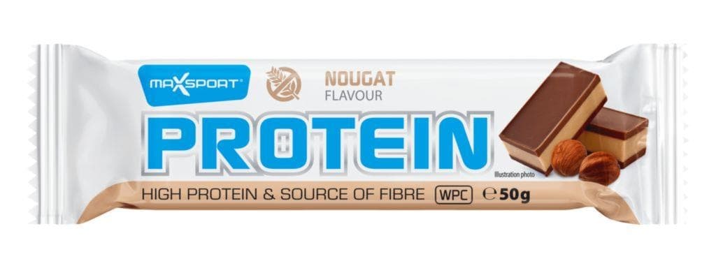 MaxSport Proteinová tyčinka s nugátovou příchutí máčená v mléčné čokoládě 50g