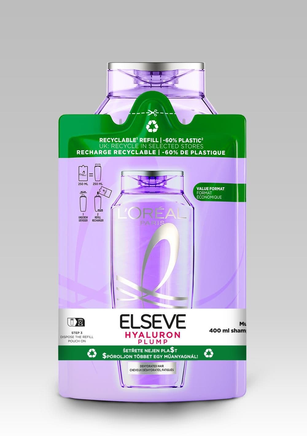 ĽOréal Paris Elseve Hyaluron Plump šampon a náhradní náplň (výhodné dvojbalení)