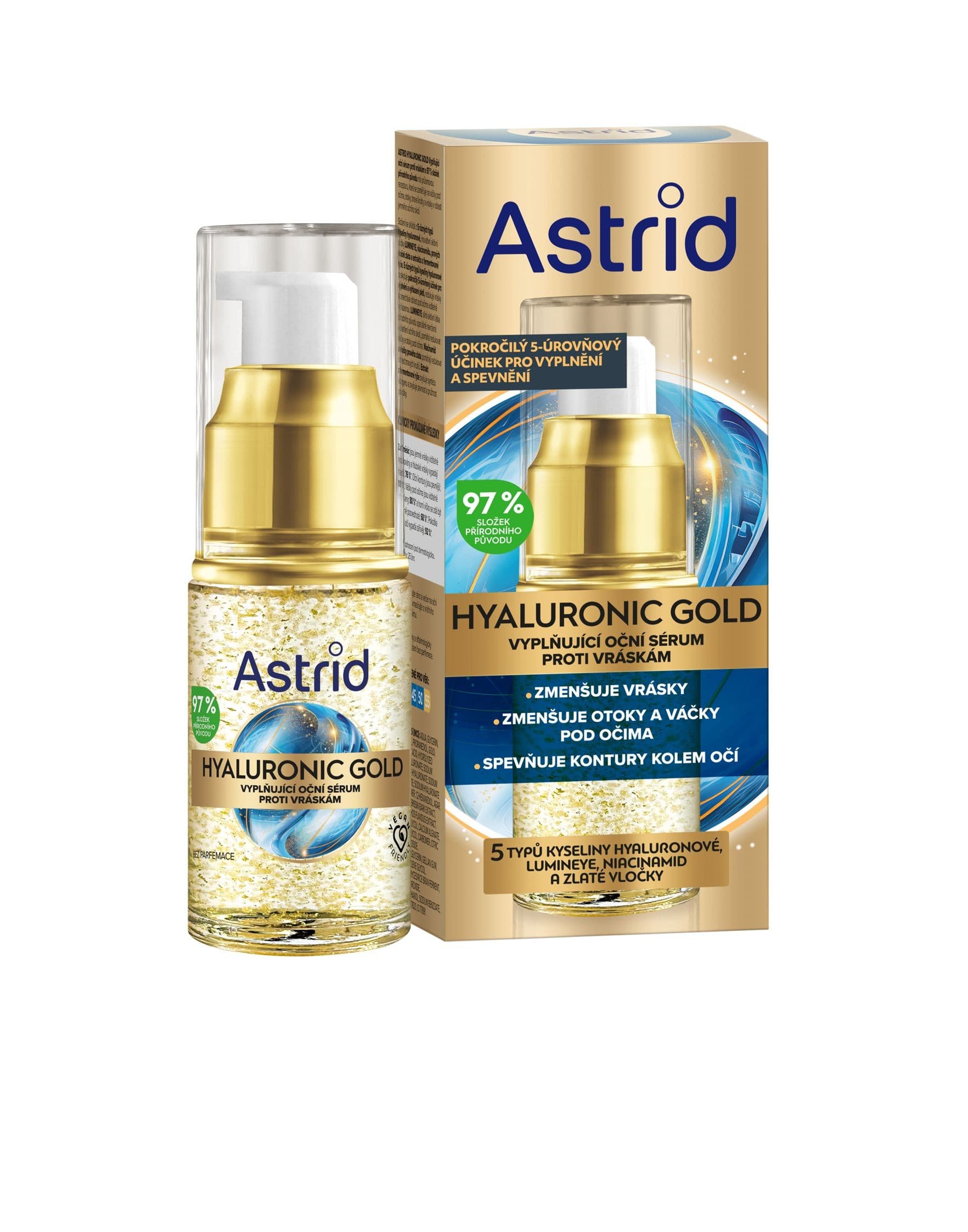 Astrid Hyaluronic Gold Vyplňující oční sérum s niacinamidem a zlatými vločkami 15ml