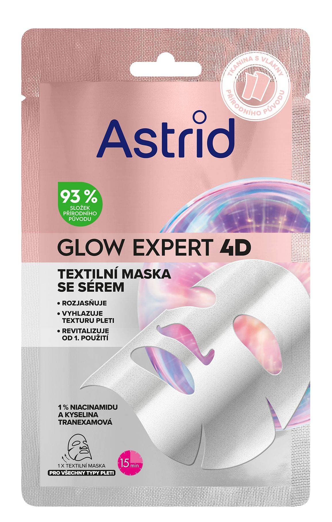 Astrid Glow Expert Stříbrná textilní maska pro rozjasnění a vyhlazení pleti s niacinamidem a kyselinou tranexamovou 1ks