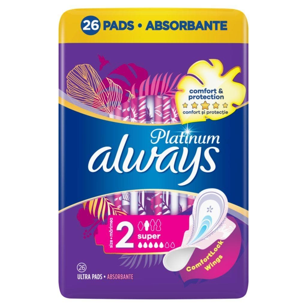 Always Platinum Super velikost 2 hygienické vložky s křidélky 26 ks