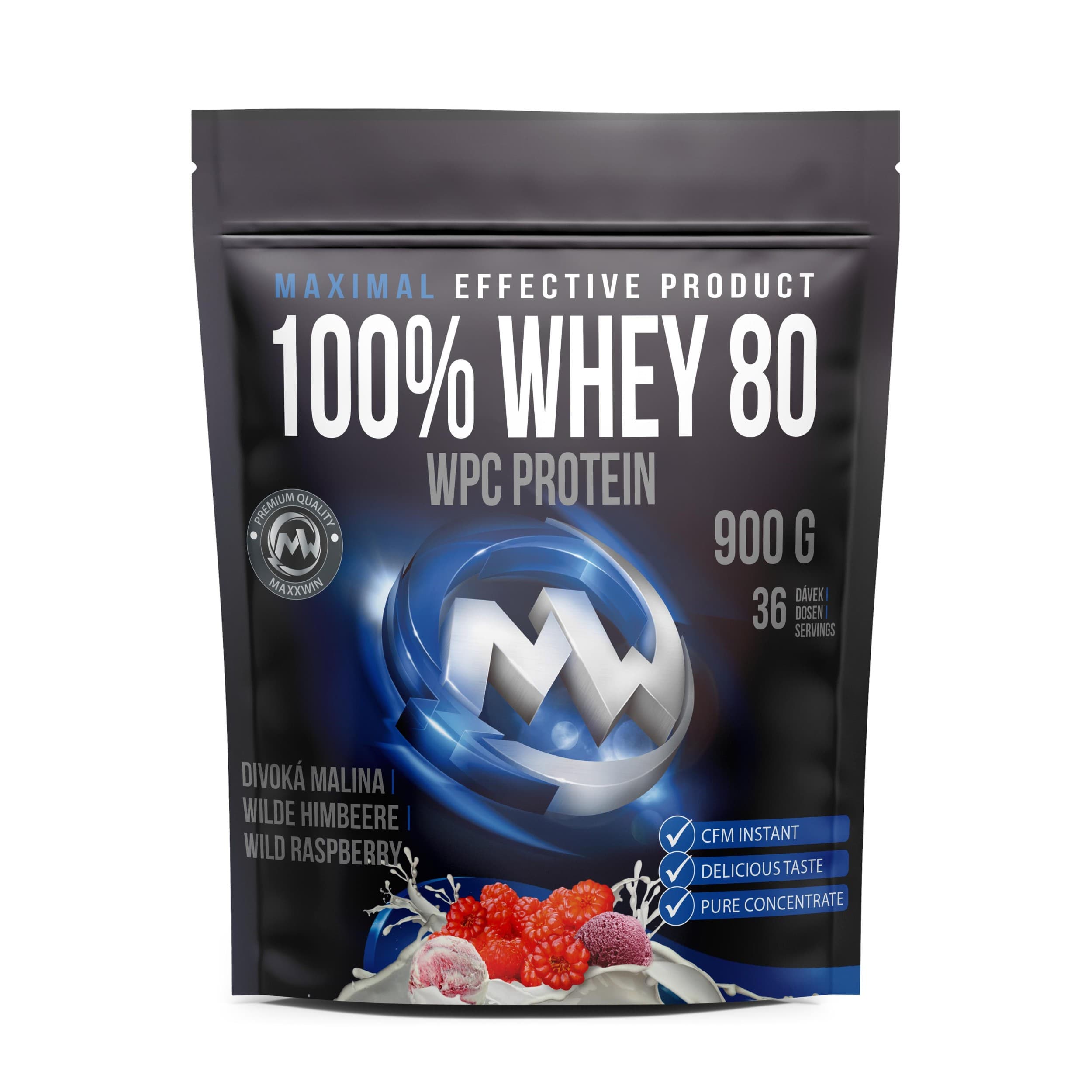 Maxxwin 100% whey 80, divoká malina 900 g