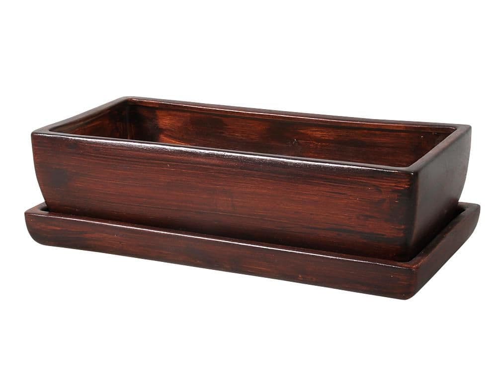 Truhlík KAKTUS WOOD + podmiska keramický tmavě hnědý 28cm