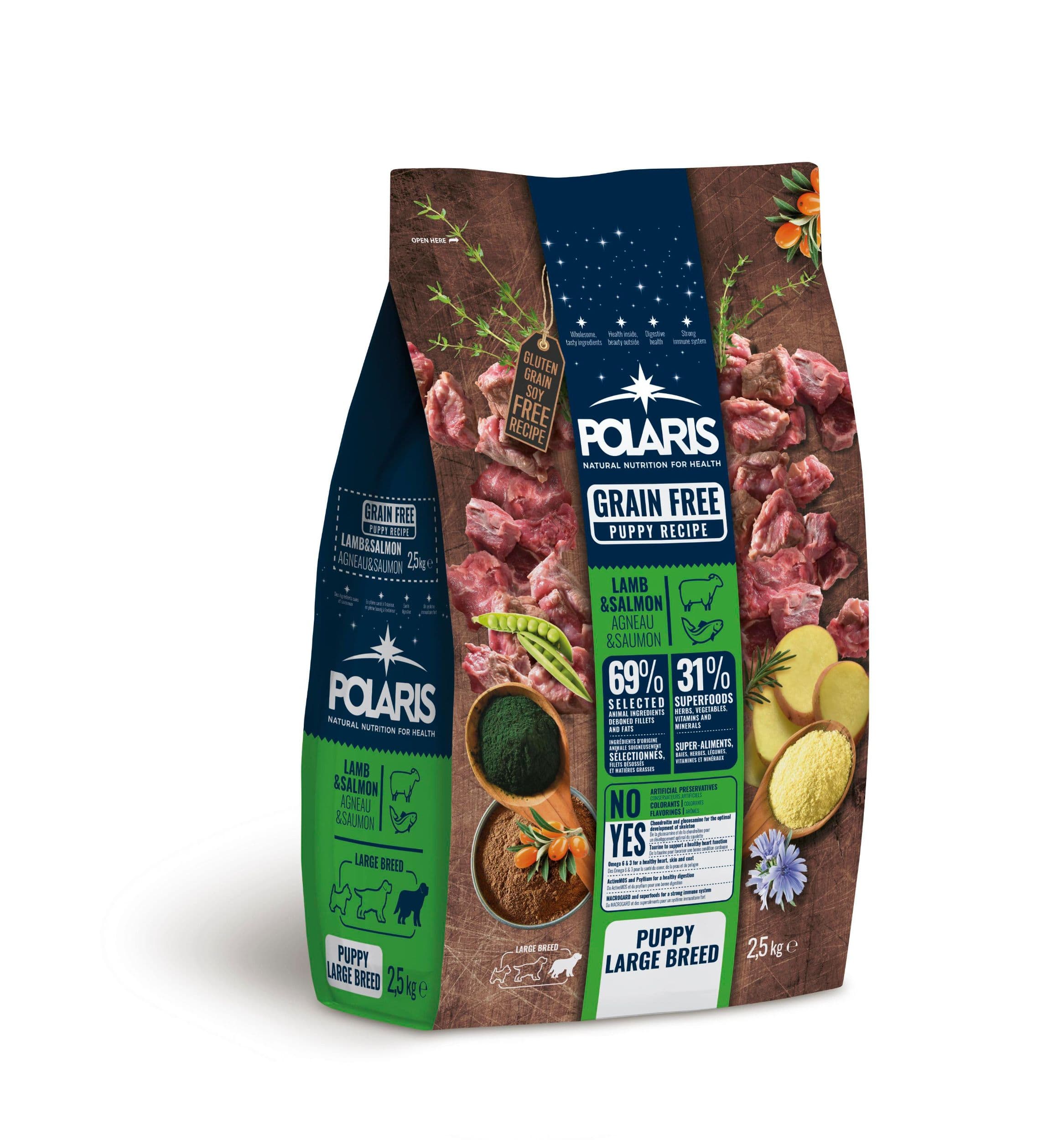 Polaris bezobilné granule s čerstvým masem Junior Large Breed s jehněčím a lososem 2,5kg