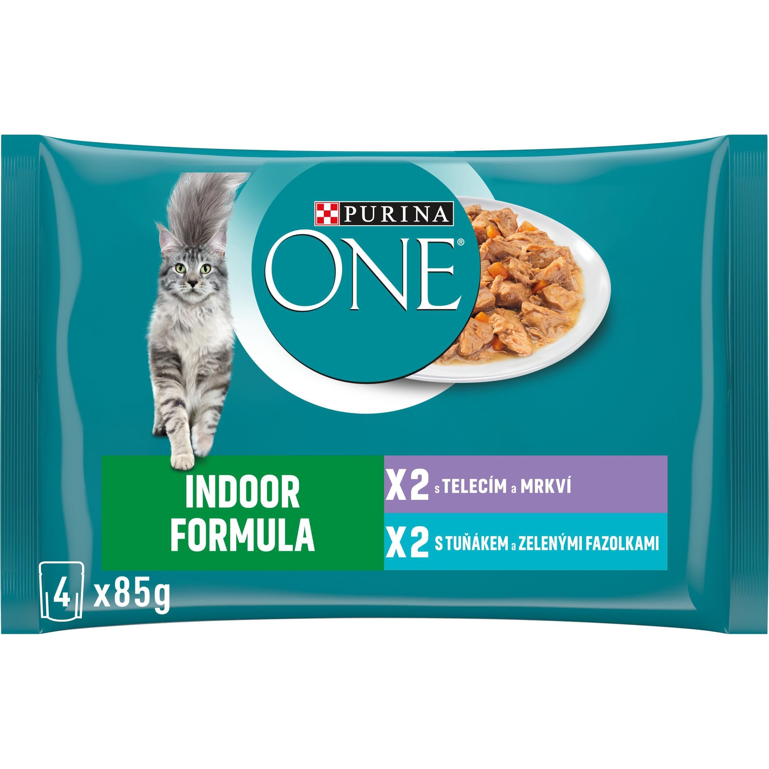 Purina ONE Kapsička s tuňákem a zelenými fazolkami ve šťávě, s telecím a mrkví ve šťávě 4 x 85g