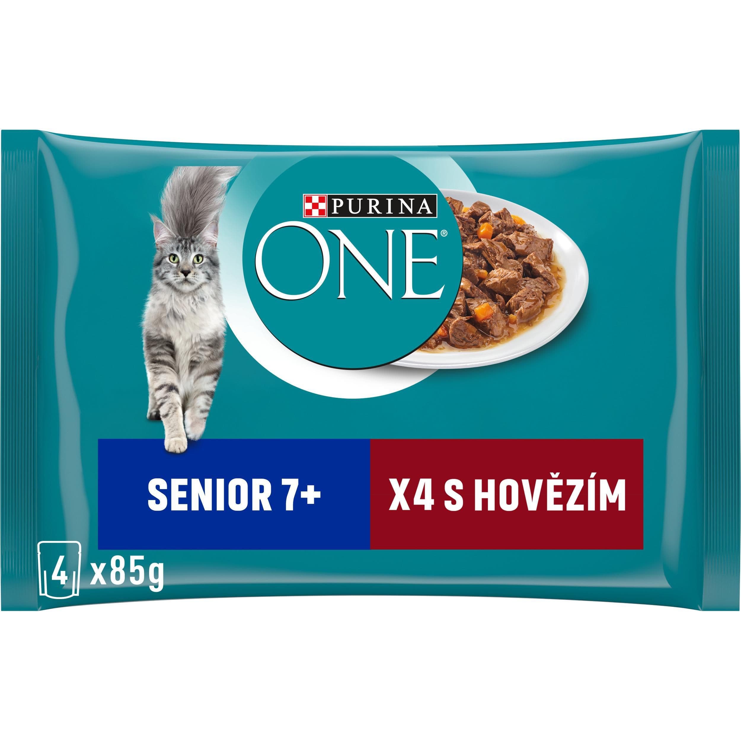 Purina ONE SENIOR 7+ kapsičky - multibalení s hovězím a mrkví ve šťávě, 4 x 85g