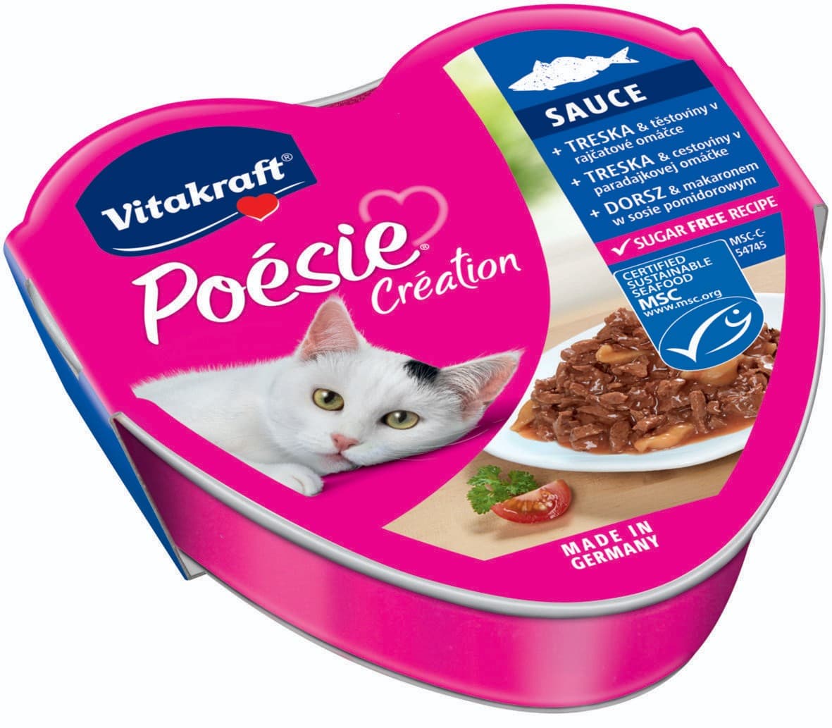 Vitakraft Poésie Sauce + treska & těstoviny v rajčatové omáčce 85 g