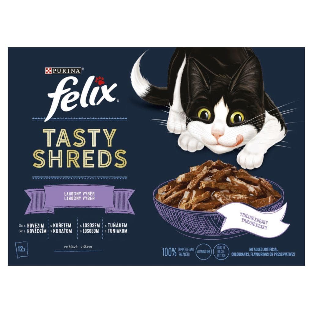 Felix Tasty Shreds hovězí, kuře, losos, tuňák ve šťávě 12x80g