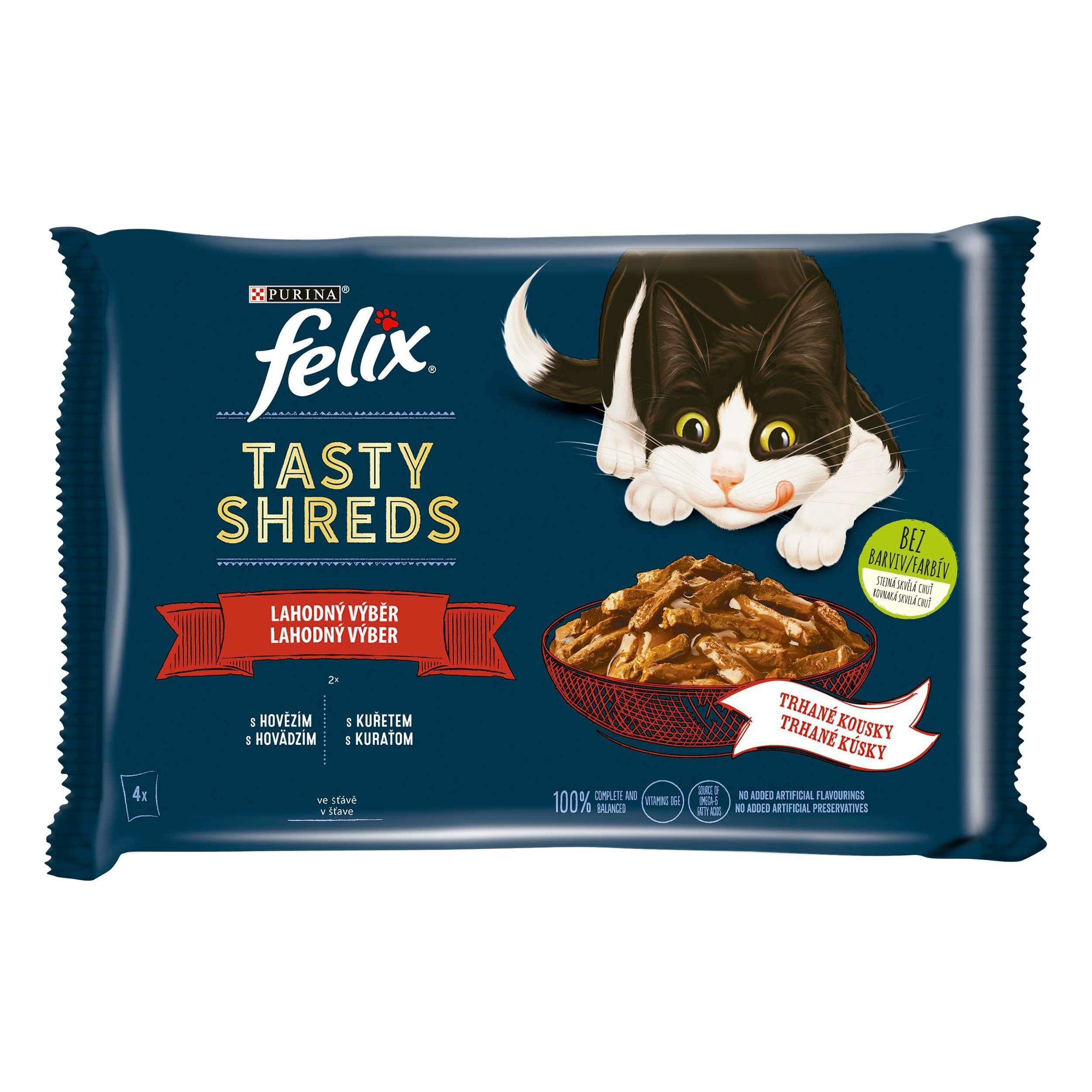 Felix Tasty Shreds s hovězím a kuřetem ve šťávě 4x80g