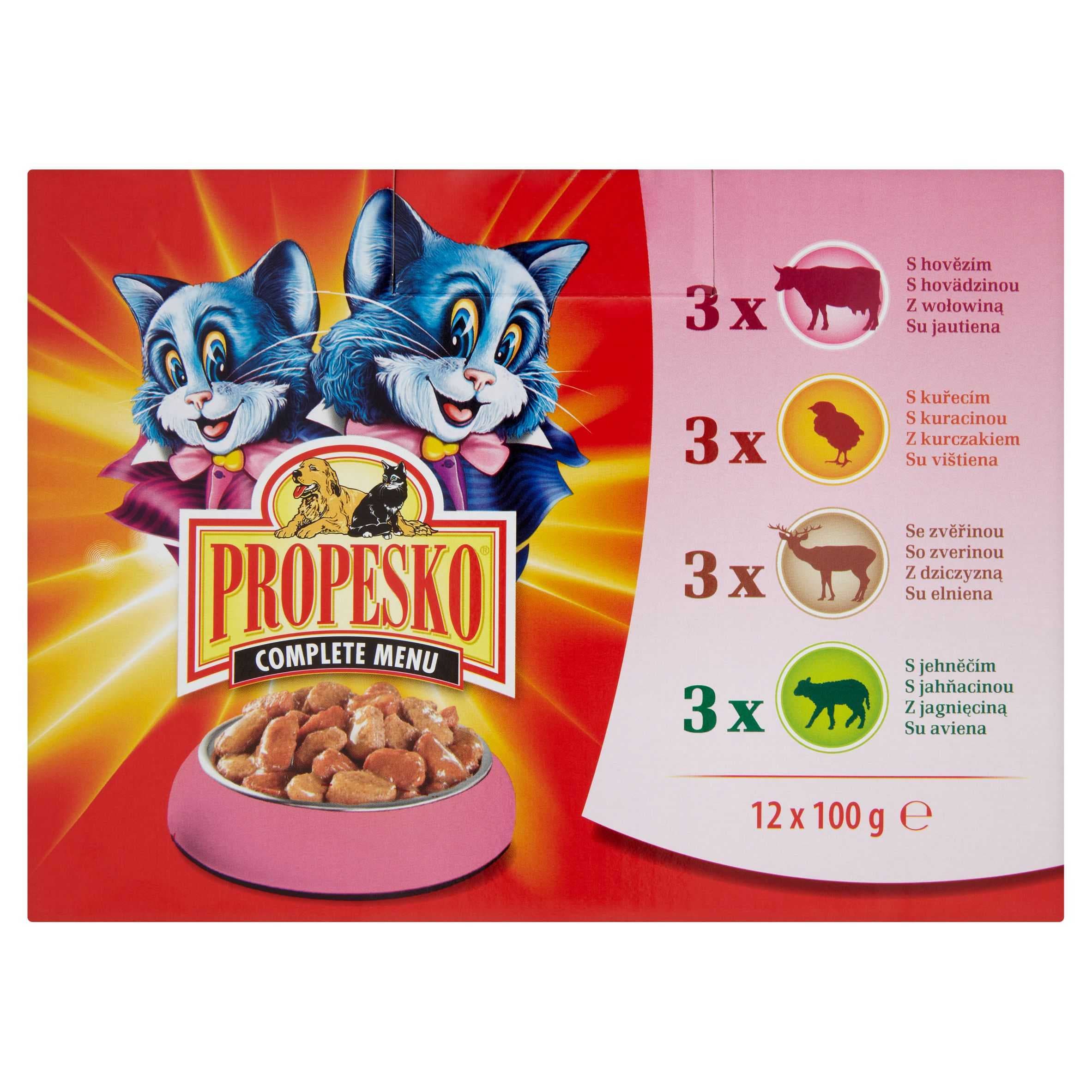Propesko Kompletní krmivo pro dospělé kočky hovězí/kuře/zvěřina/jehněčí 12x100 g