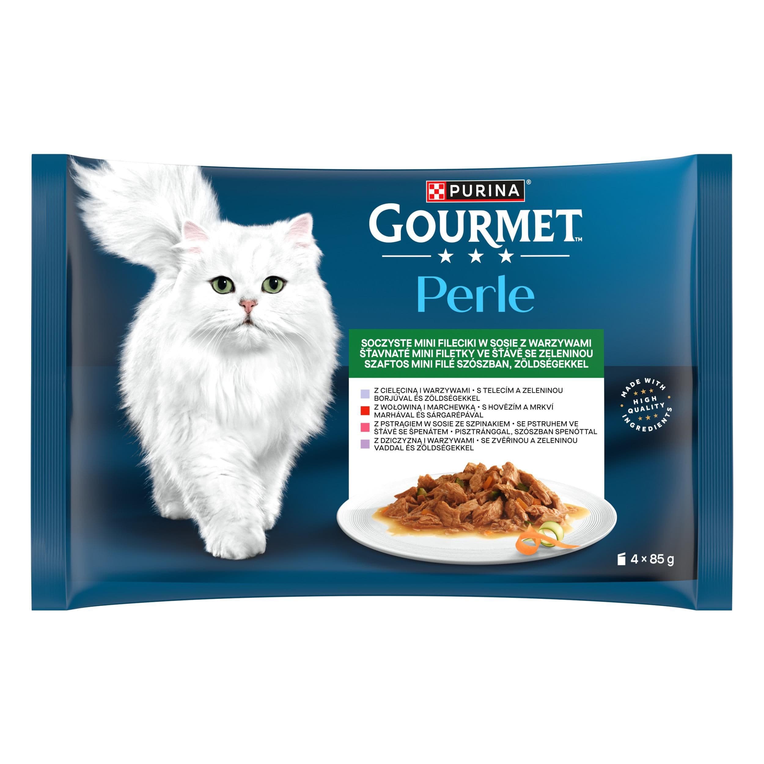 Gourmet Perle mini filetky telecí se zeleninou, zvěřina se zeleninou, hovězí s mrkví, pstruh se špenátem ve šťávě 4x 85 g