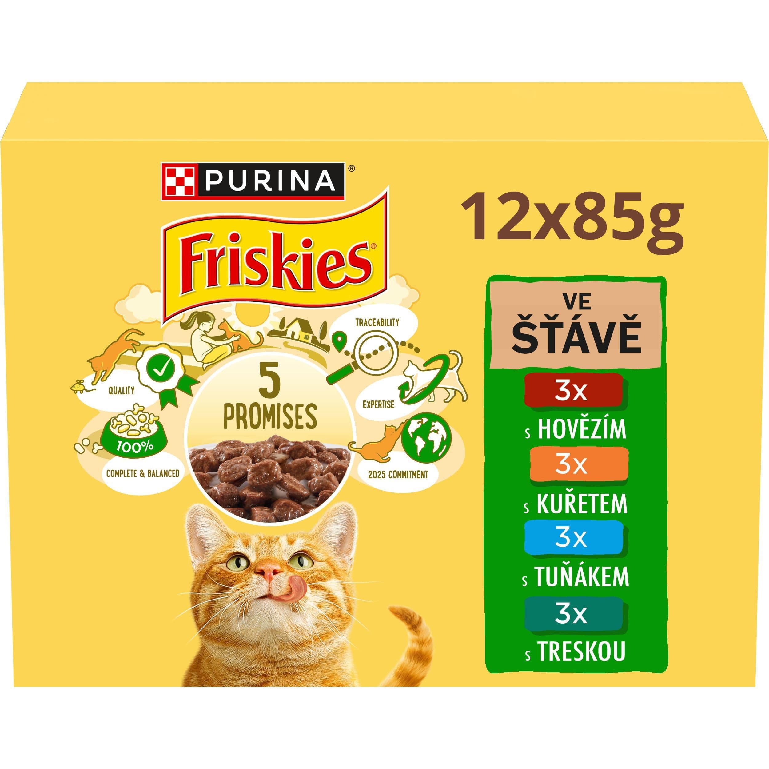 Purina Friskies Multibalení s hovězím, s kuřetem, s tuňákem a s treskou ve šťávě 12 x 85g
