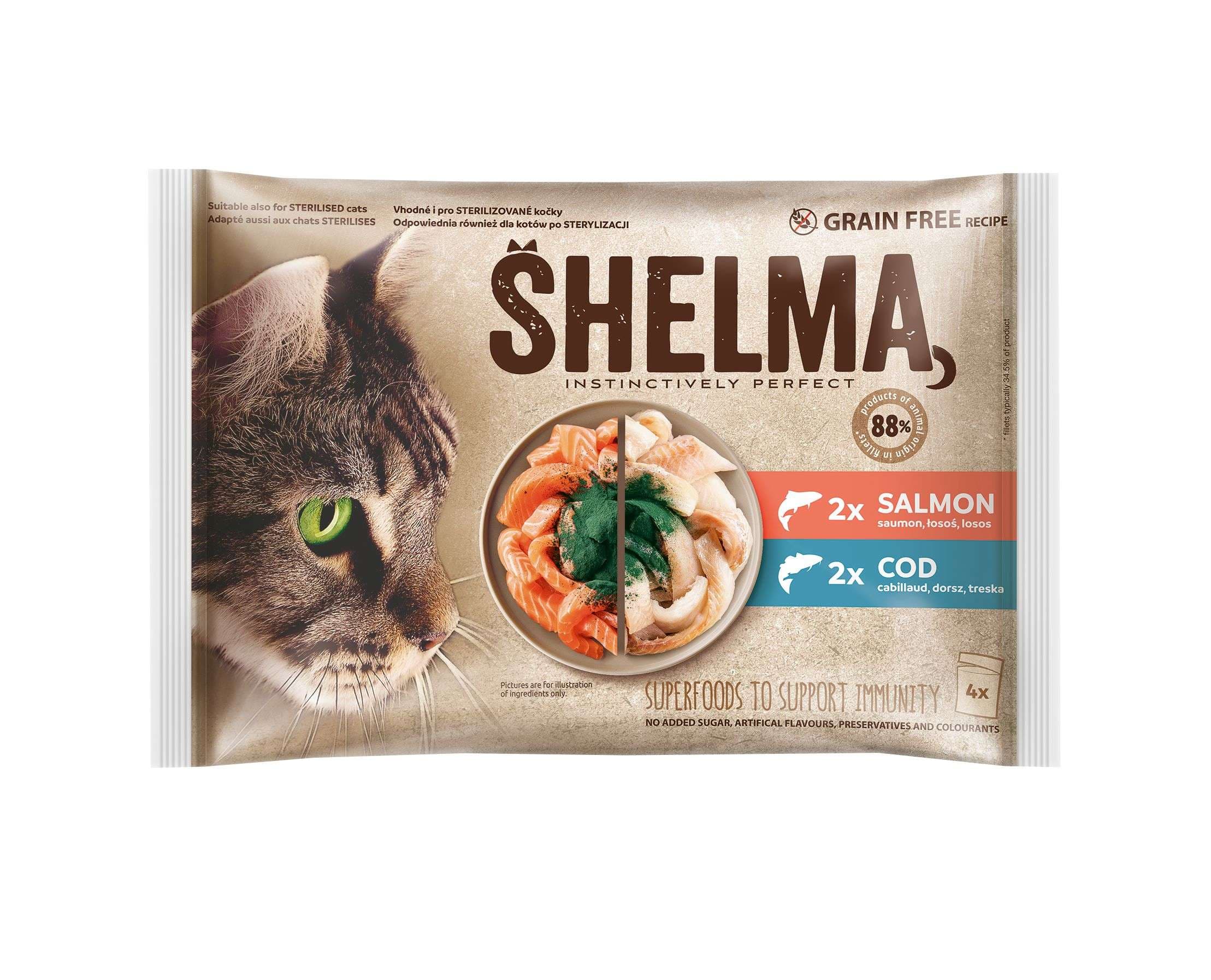 Shelma kapsa pro kočky 2xlosos, 2x treska 4x85 g