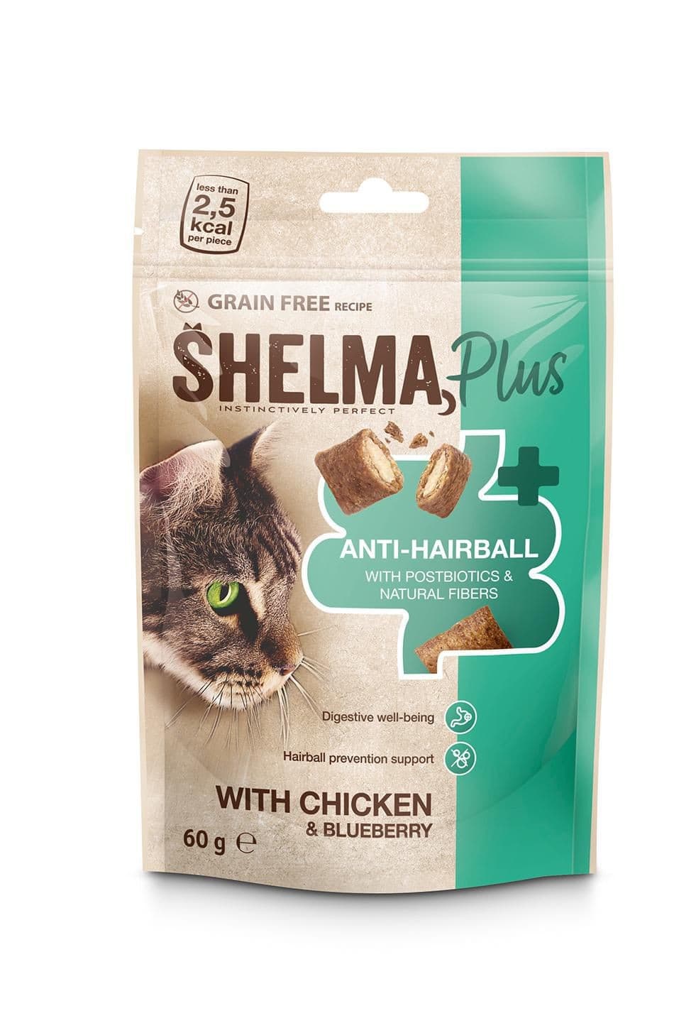 Shelma Anti-hairball bezobilné polštářky pro kočky s kuřecím a borůvkami 60g
