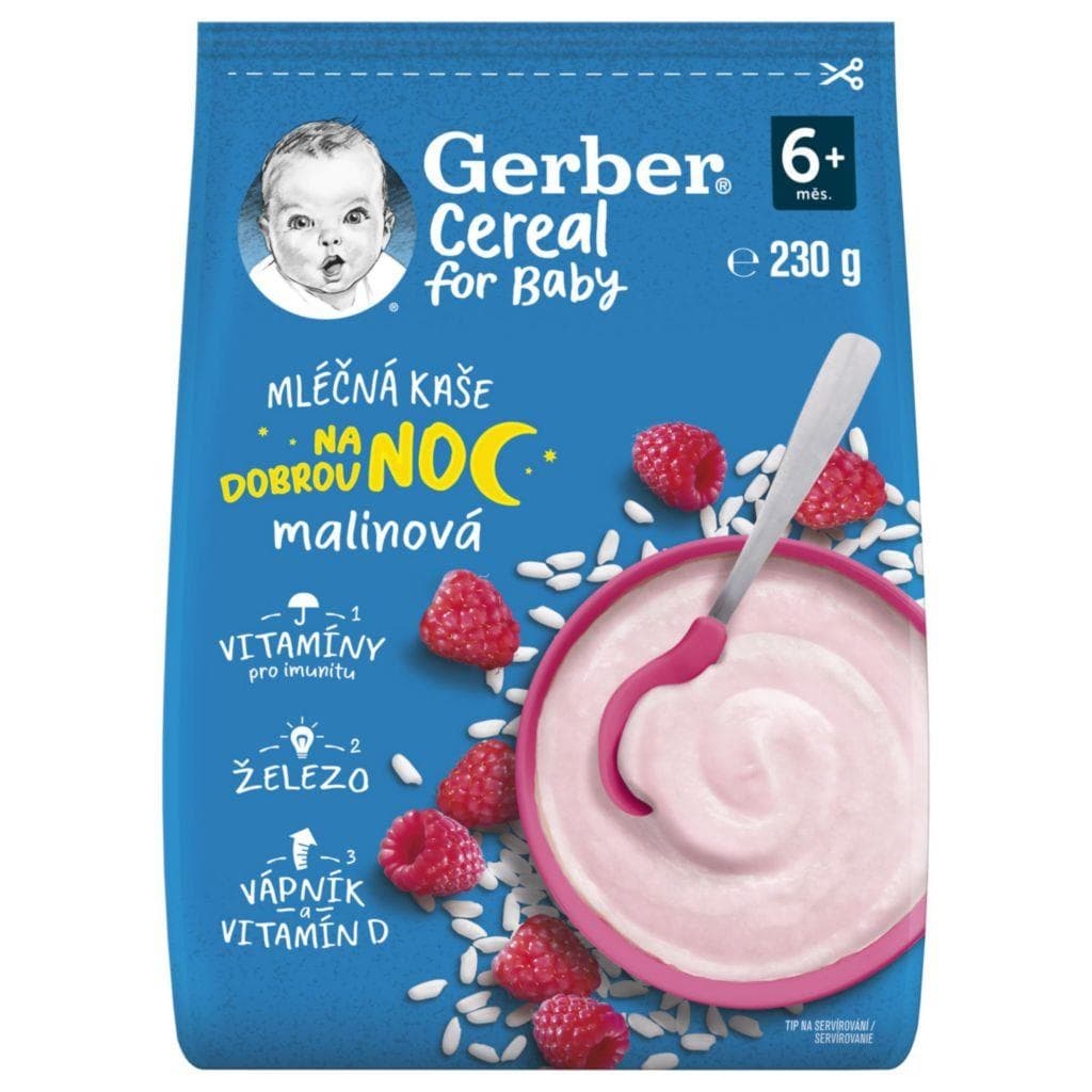 Gerber Cereal mléčná kaše malinová Dobrou noc 6m+ 230g