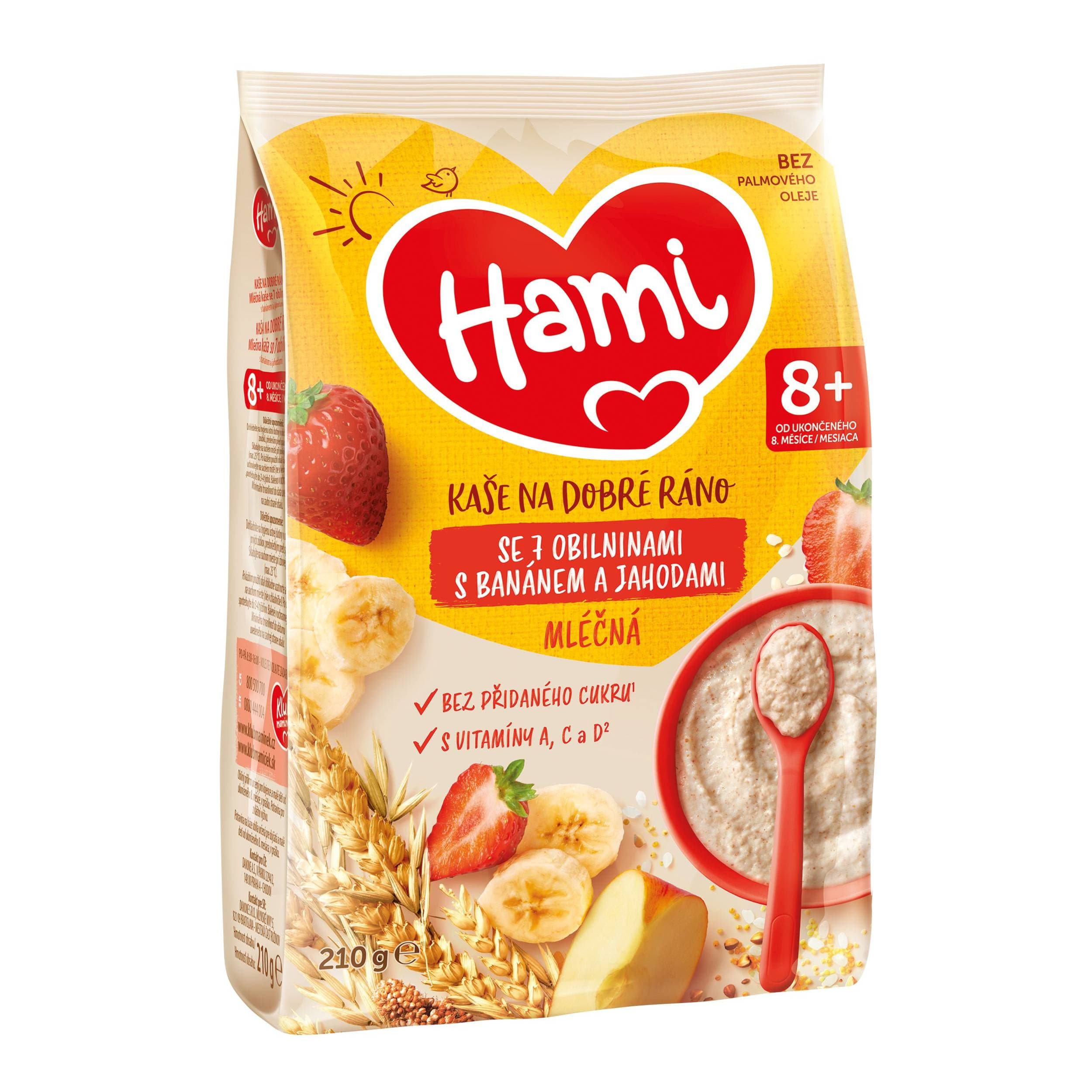 Hami mléčná kaše se 7 obilninami s banánem a jahodami 8+, 210g