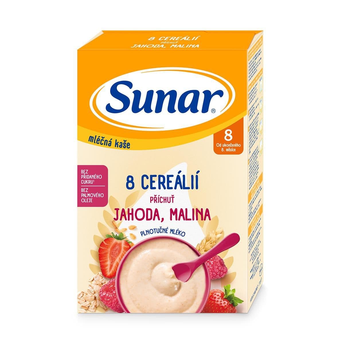 Sunar Mléčná kaše 8 cereálií příchuť jahoda, malina 210 g