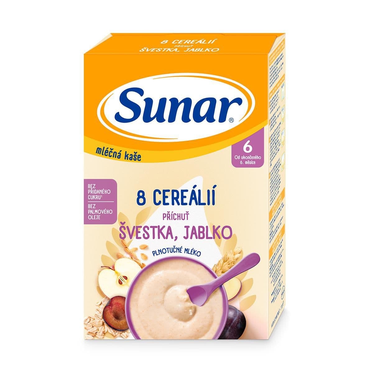 Sunar Mléčná kaše 8 cereálií příchuť švestka, jablko 210 g