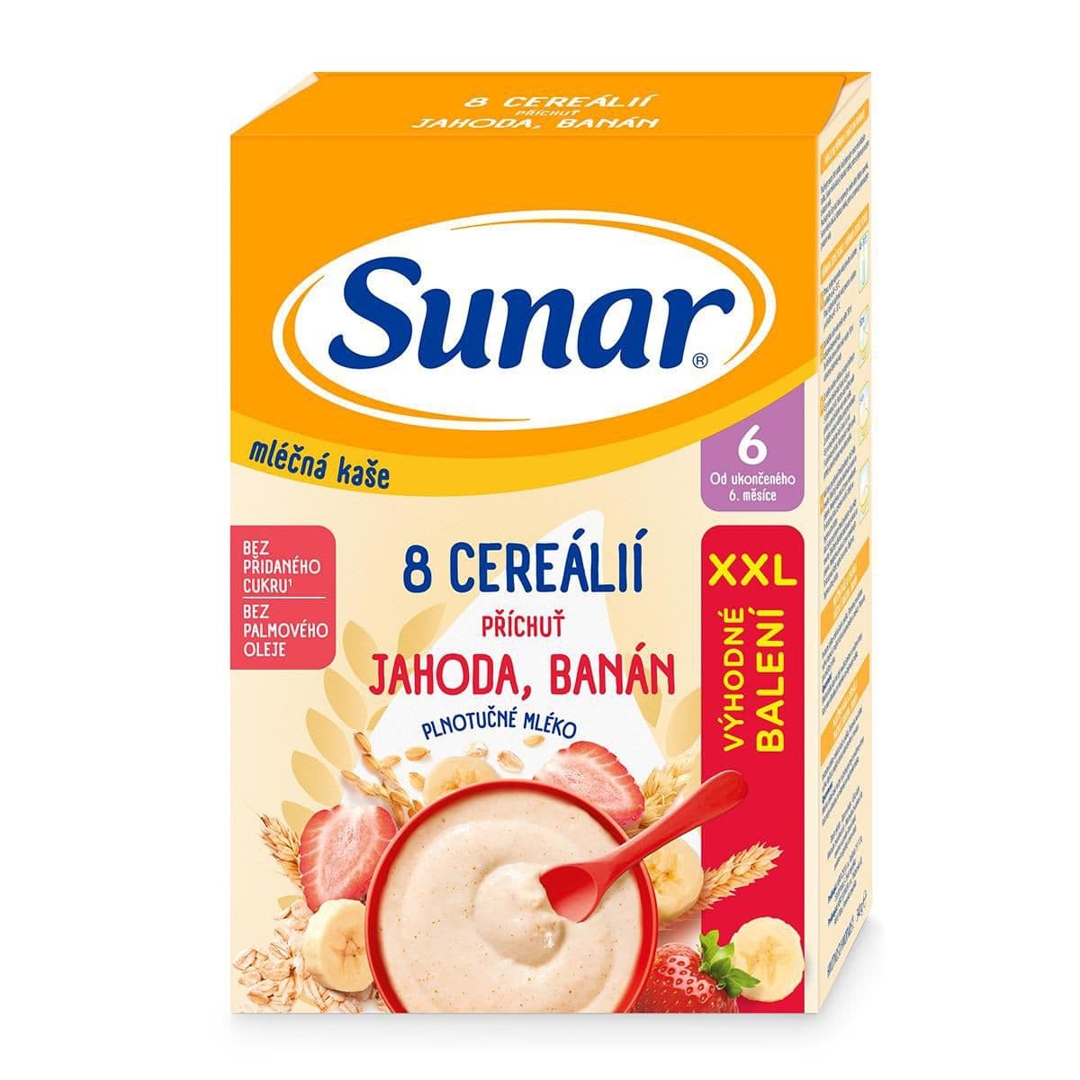 Sunar Mléčná kaše 8 cereálií příchuť jahoda, banán XXL 340 g