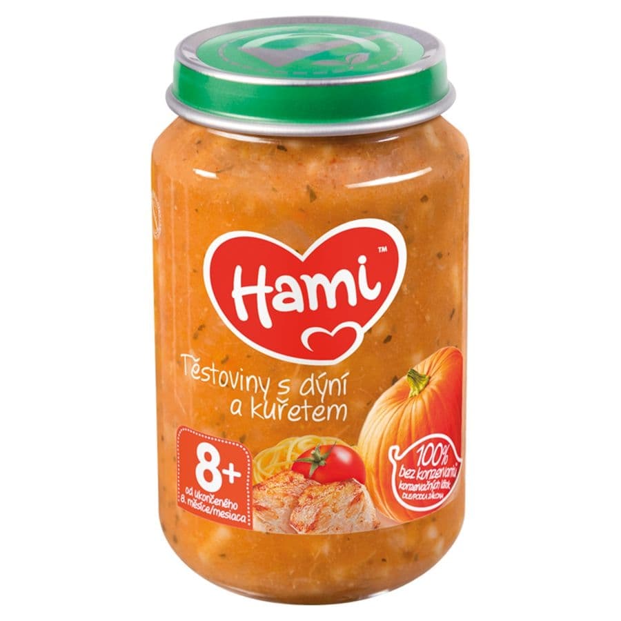 Hami Masozeleninový příkrm Těstoviny s dýní a kuřetem od uk. 8. měsíce 200g