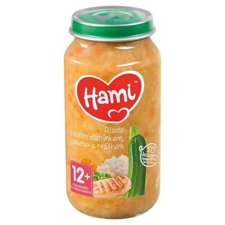 Hami Masozeleninový příkrm Rizoto s krůtím stehýnkem, cuketou a hráškem od uk. 12. měsíce 250 g