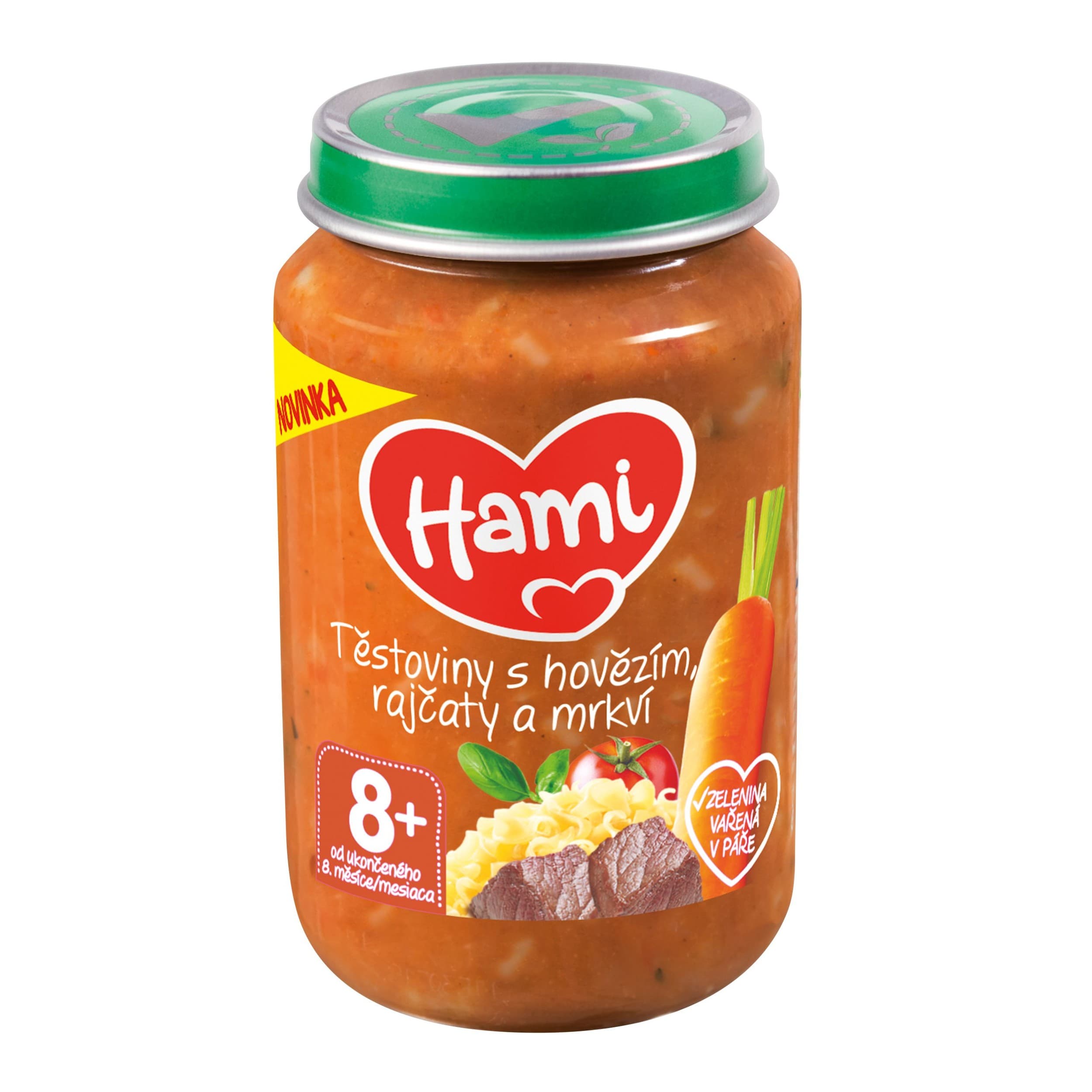 Hami Masozeleninový příkrm Těstoviny s hovězím, rajčaty a mrkví 8+, 200g