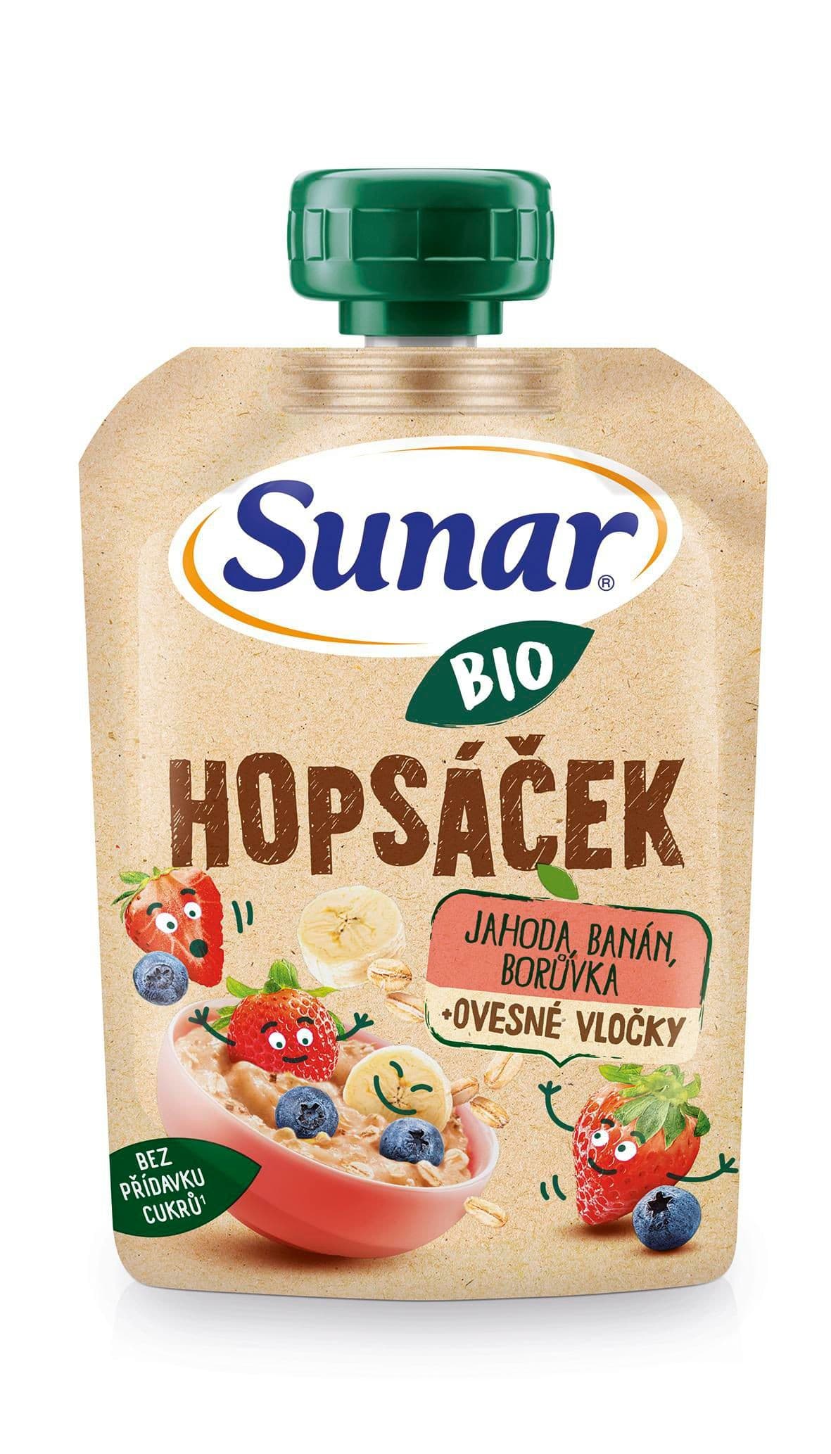 Sunar BIO Ovocná kapsička Hopsáček jahoda, banán, borůvka a ovesné vločky 12m+ 100g