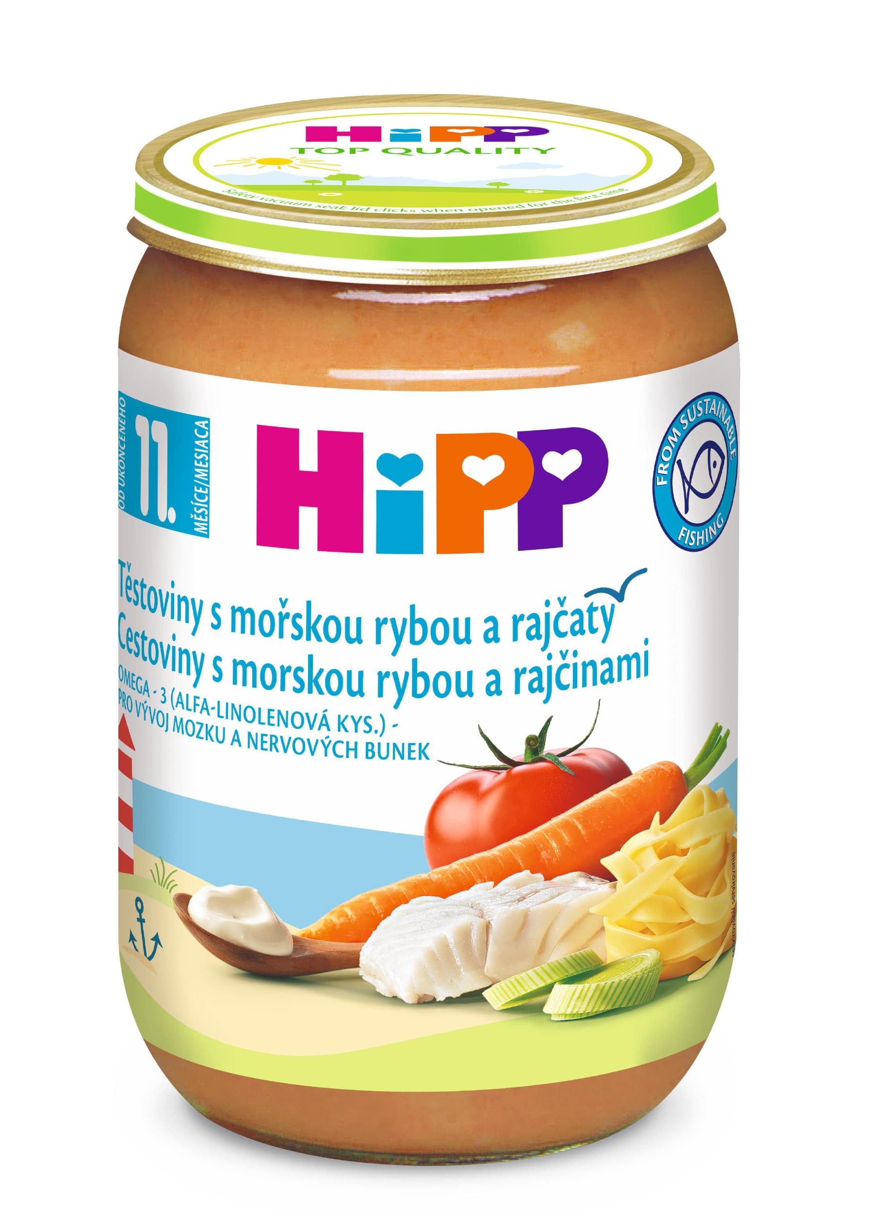 HIPP Jemné těstoviny s mořskou rybou a rajčaty 220 g